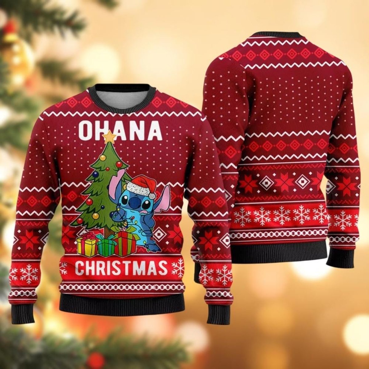 Stitch Ohana Christmas Tree Red Ugly Christmas Sweater Cute Holiday Pullover Gift