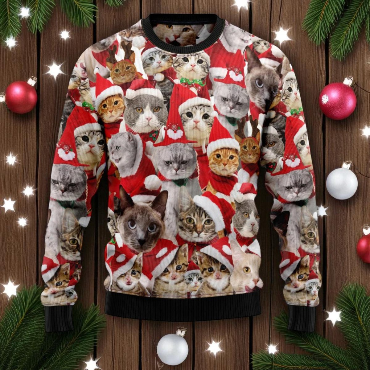 Cute Cat Faces Ugly Christmas Sweater Funny Kitty Santa Holiday Pullover