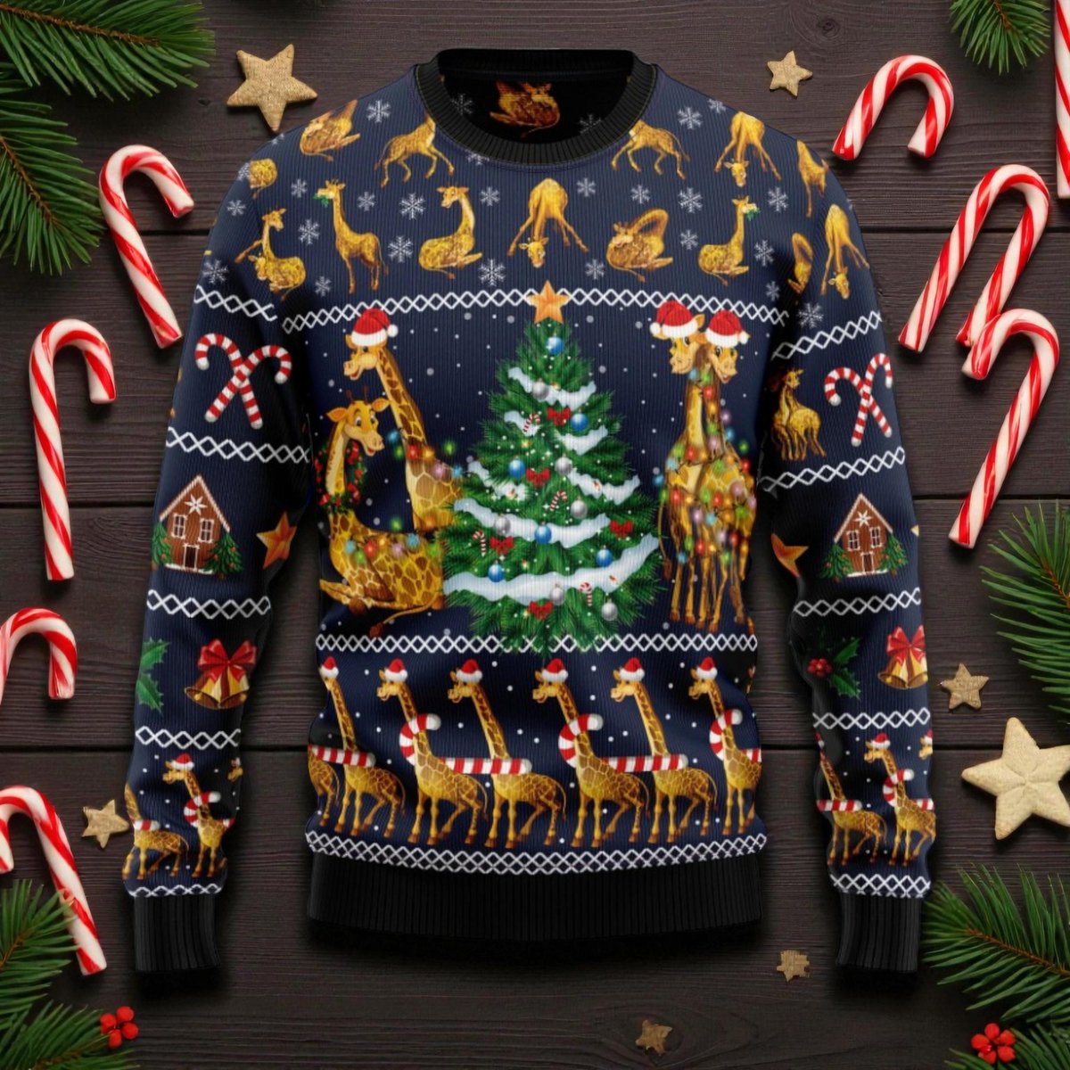 Giraffe Family Tree Ugly Christmas Sweater Funny Animal Holiday Knit Pullover