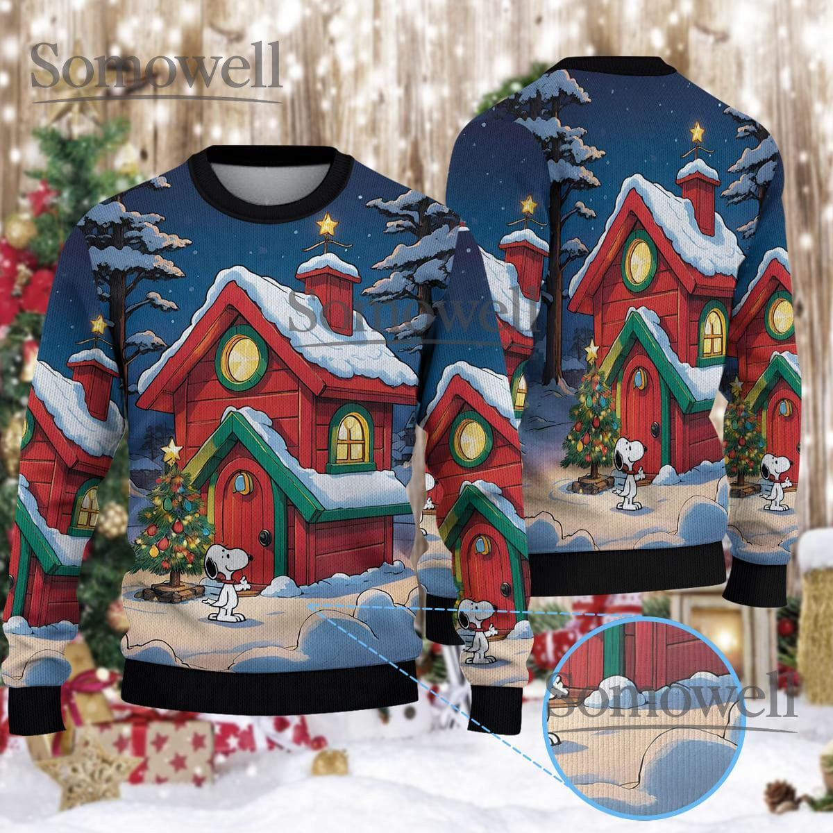 Snoopy Winter Cabin Red House Ugly Christmas Sweater Cute Dog Holiday Knit Jumper