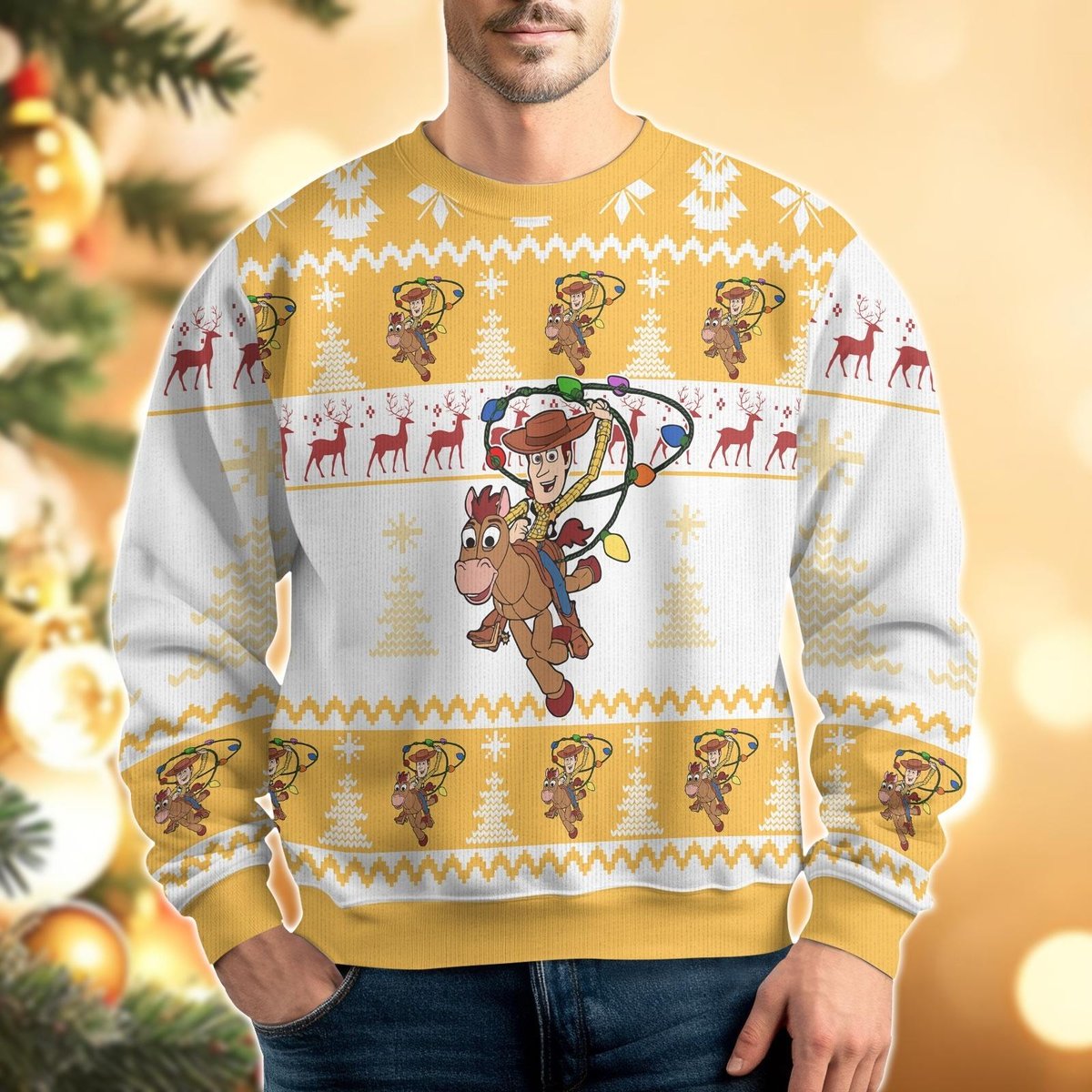 Woody and Bullseye Toy Story Yellow Ugly Christmas Sweater Funny Holiday Pullover