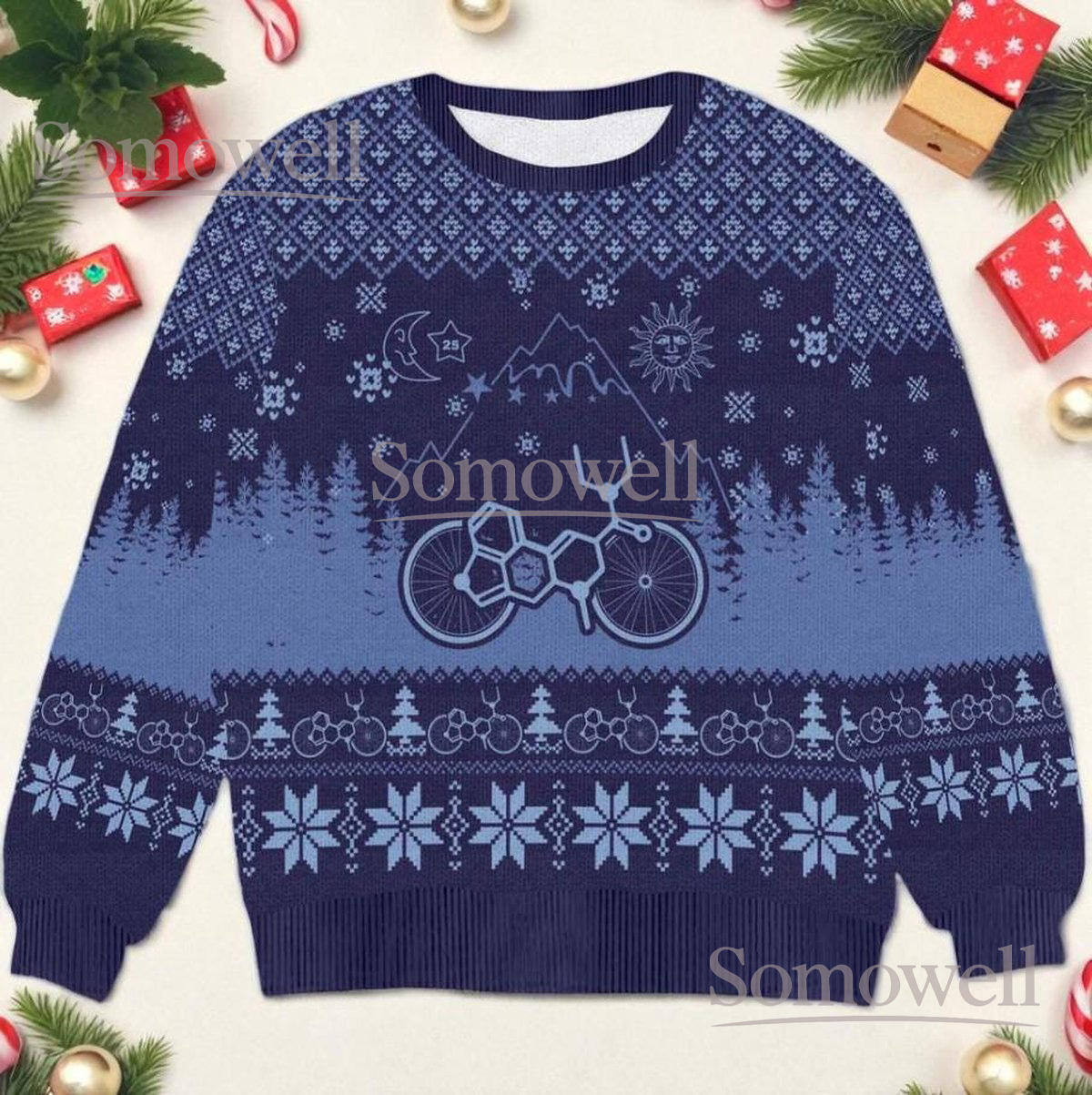 Cycling Blue Christmas Ugly Sweater Mountain Biker Science Pattern Holiday Knit Jumper