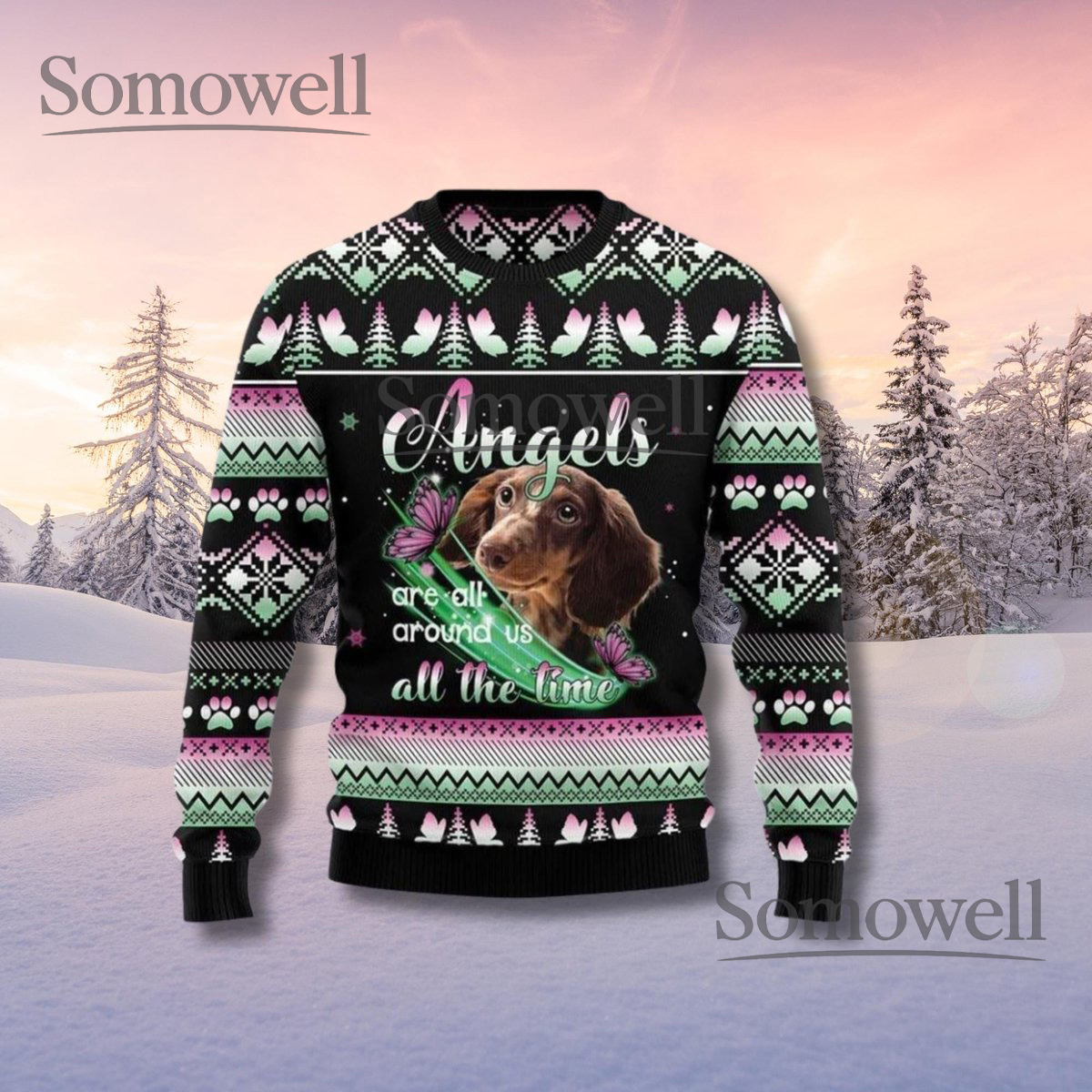 Dachshund Angels Black Ugly Christmas Sweater Memorial Pet Lover Holiday Knit Jumper