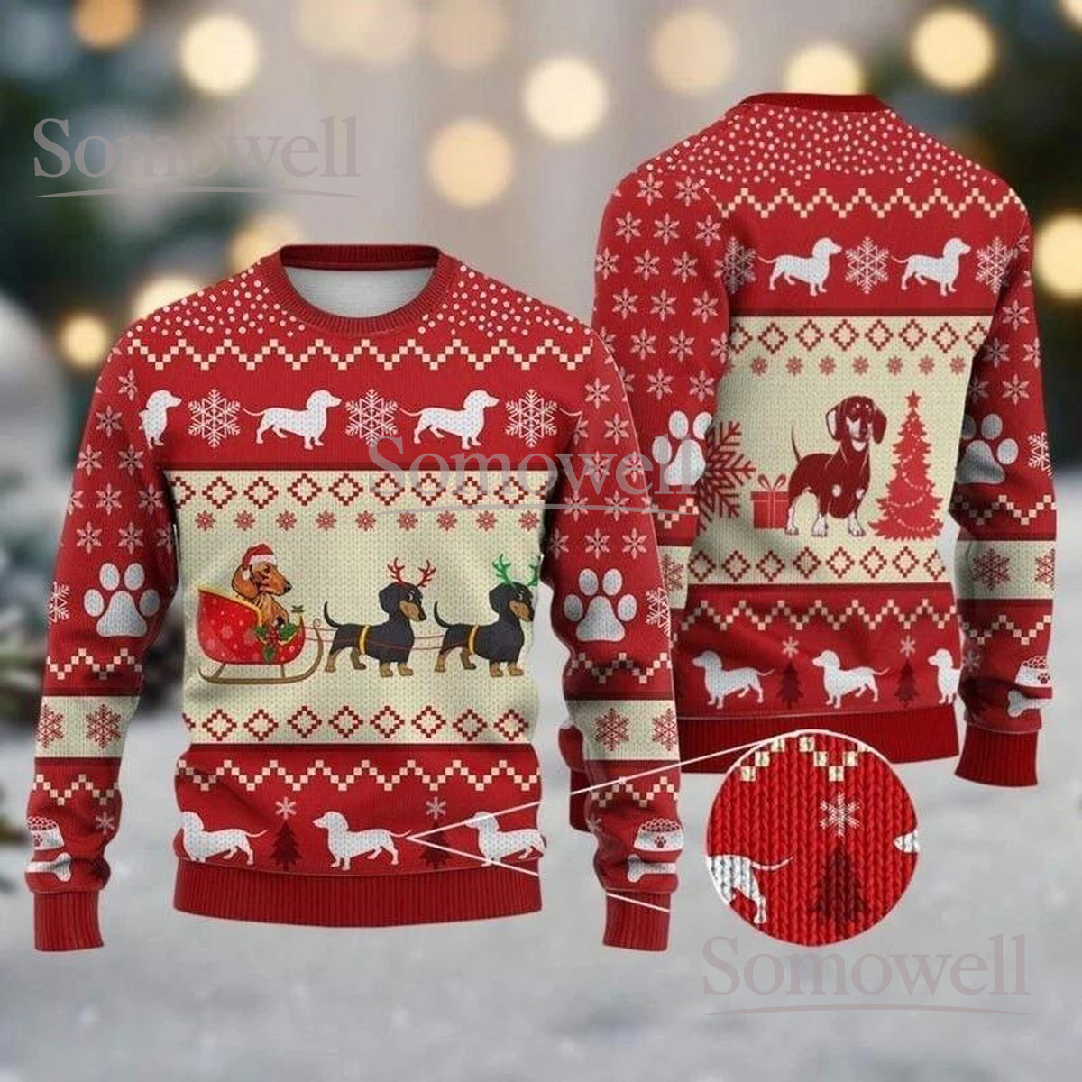 Dachshund Christmas Ugly Sweater Red Dog Holiday Knit Jumper Funny Sausage Dog Design