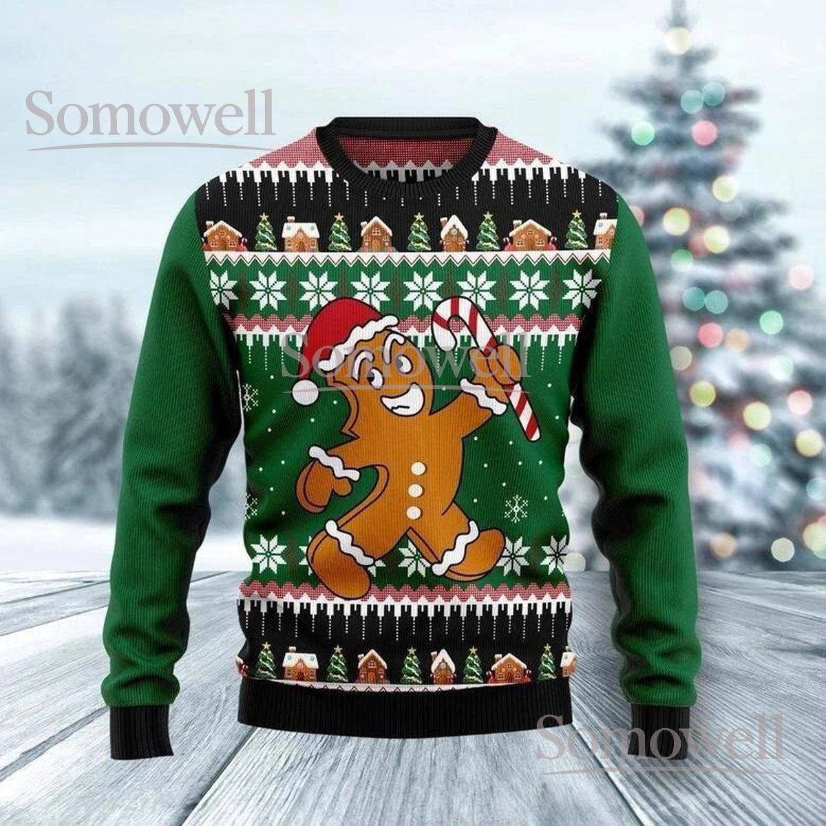Gingerbread Man Christmas Ugly Sweater Green Candy Cane Holiday Knit Jumper Funny Cookie Design