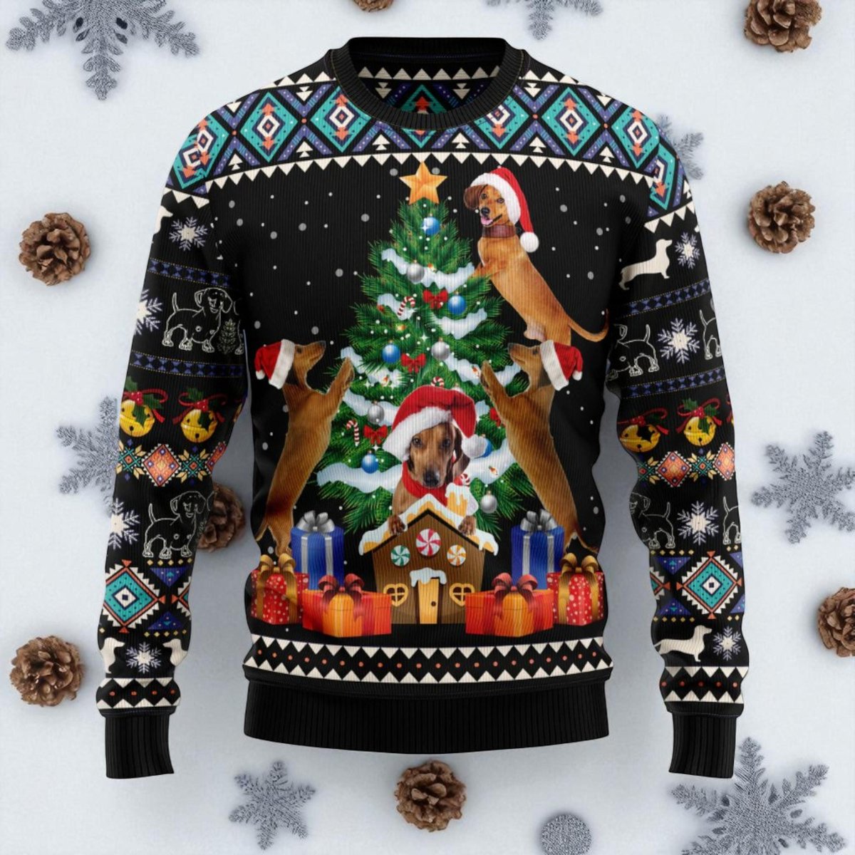 Dachshund Group Christmas Tree Ugly Sweater Funny Dog Holiday Knit Jumper for Pet Lovers