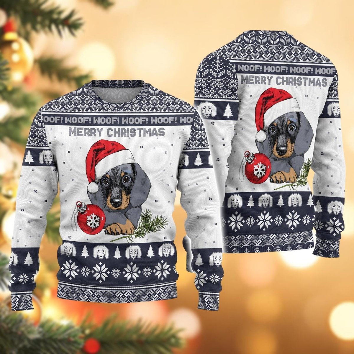 Dachshund Santa Hat White Ugly Christmas Sweater Dog Lover Winter Knit Pullover