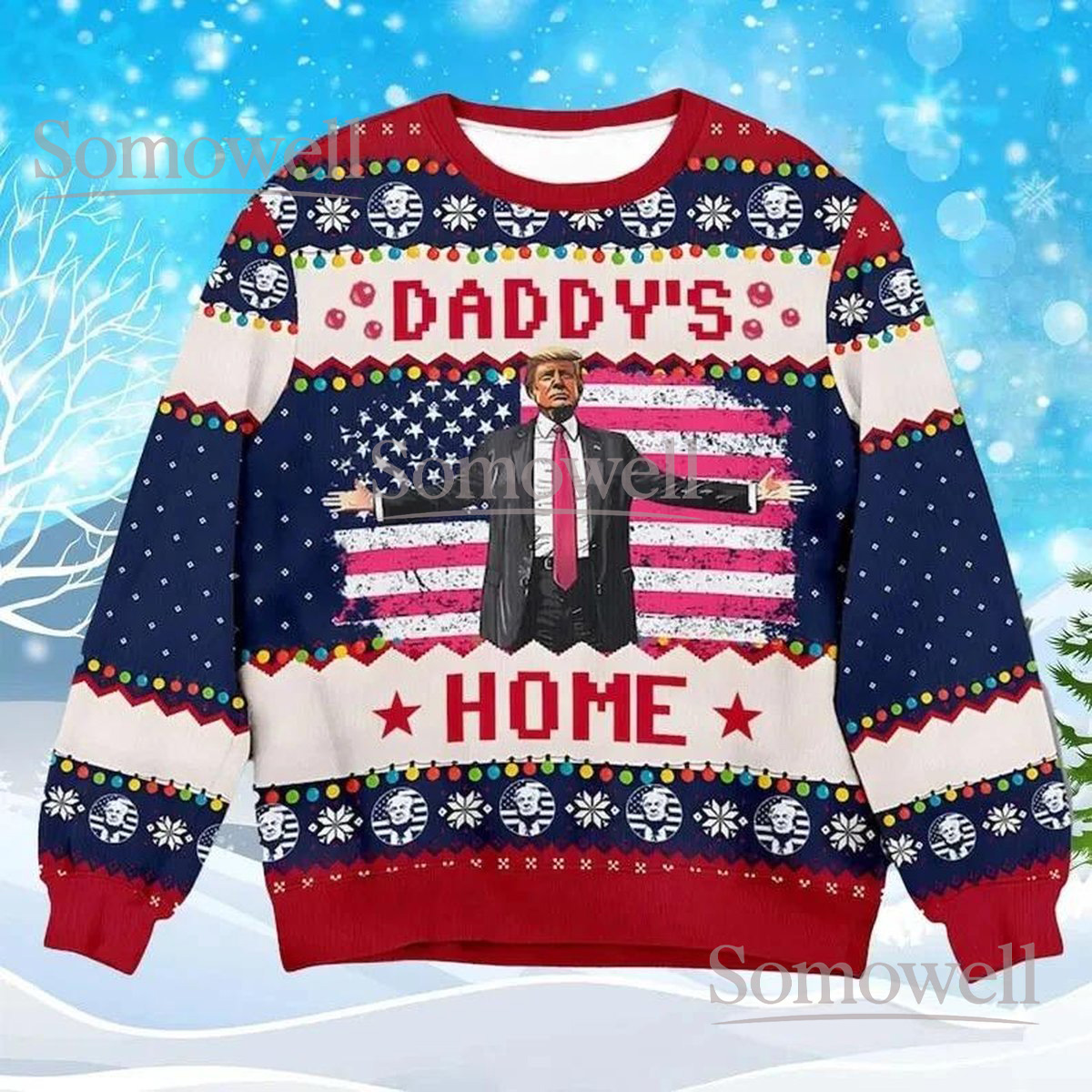 Daddys Home Christmas Ugly Sweater American Flag Blue Holiday Knit Jumper Funny Political Design