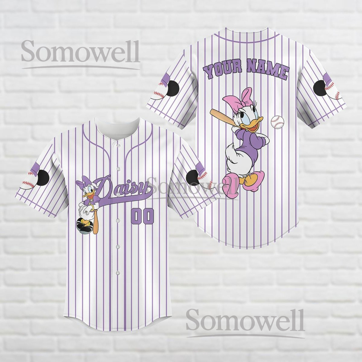 Daisy Duck Baseball Jersey Shirt Cute Cartoon Purple White Striped Personalized Gift