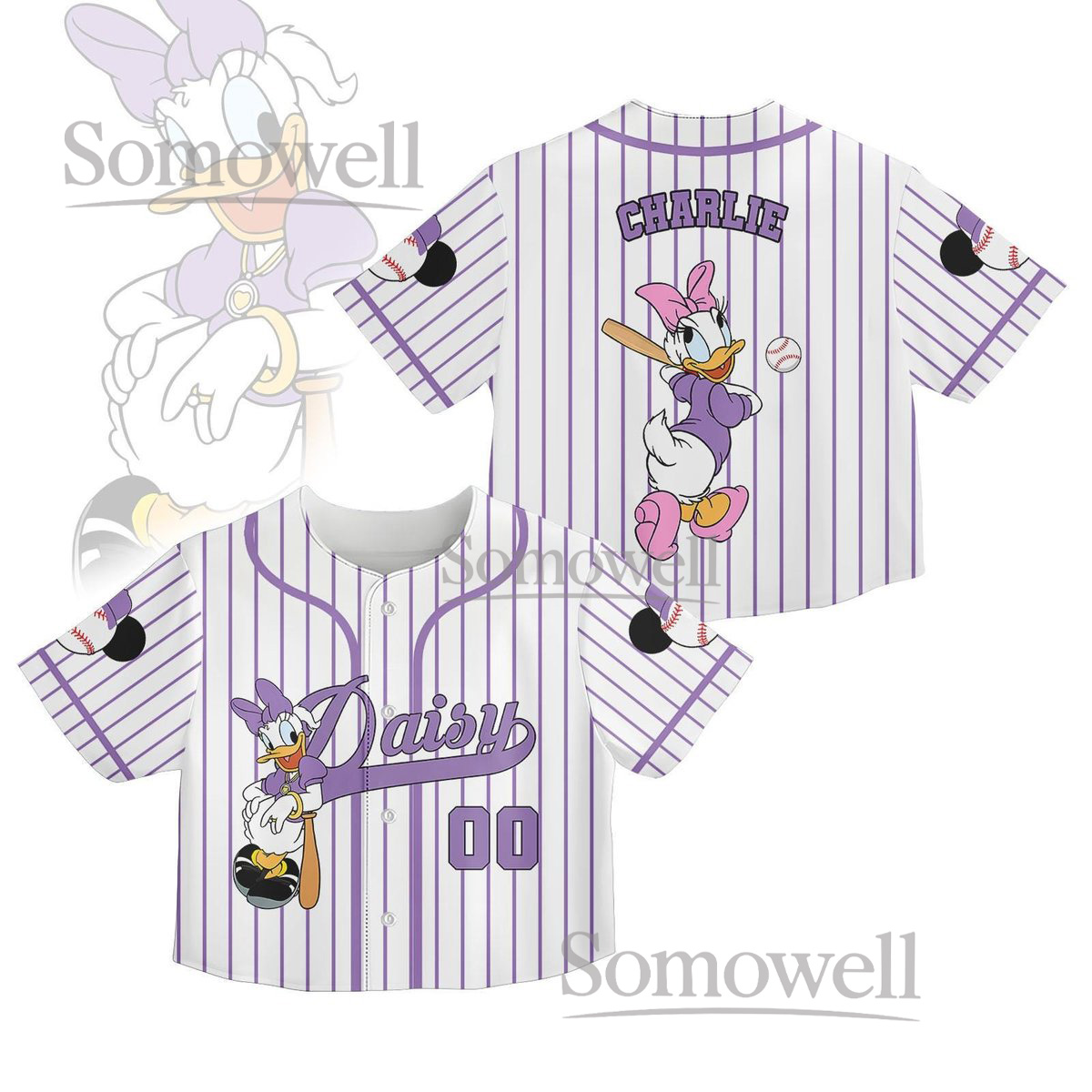 Daisy Duck Baseball Jersey Shirt Purple White Striped Cute Cartoon Crop Top Gift