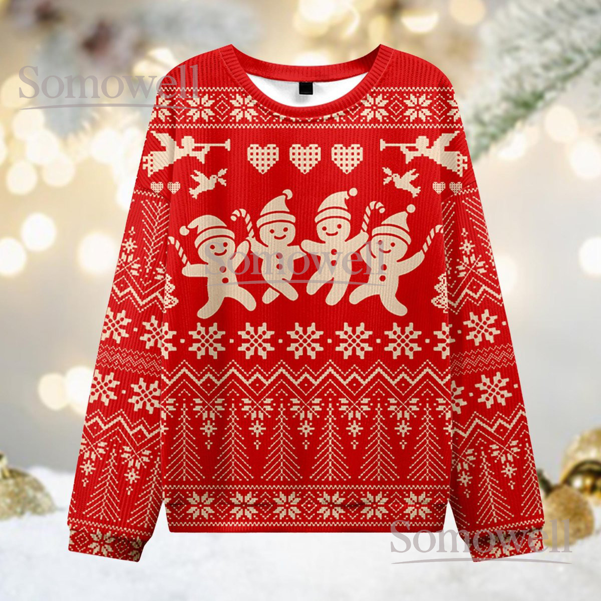 Dancing Gingerbread Men Christmas Red Ugly Sweater Holiday Knit Jumper Cute Cookie Design