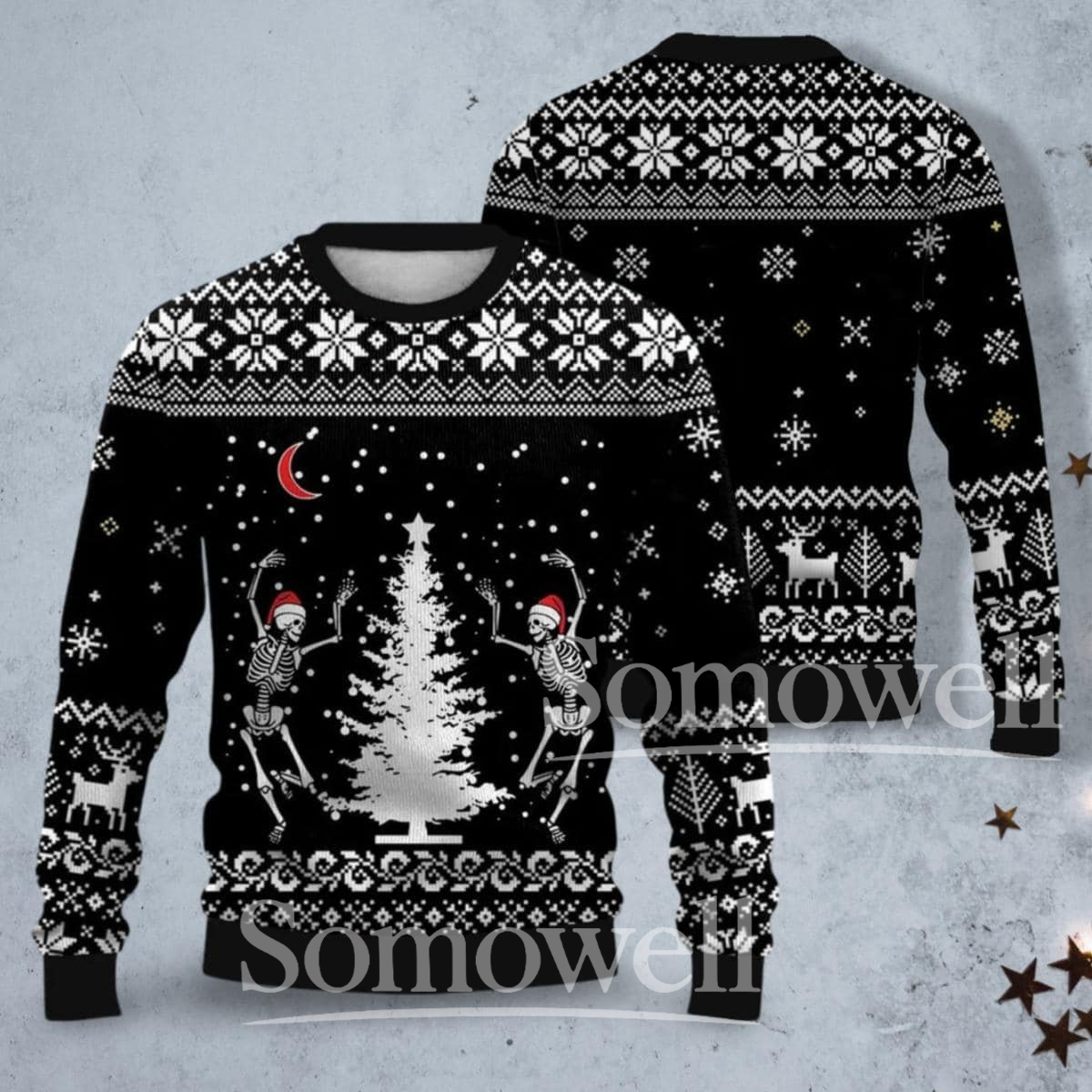 Dancing Skeleton Ugly Christmas Sweater Funny Halloween Santa Holiday Knit Pullover Gift