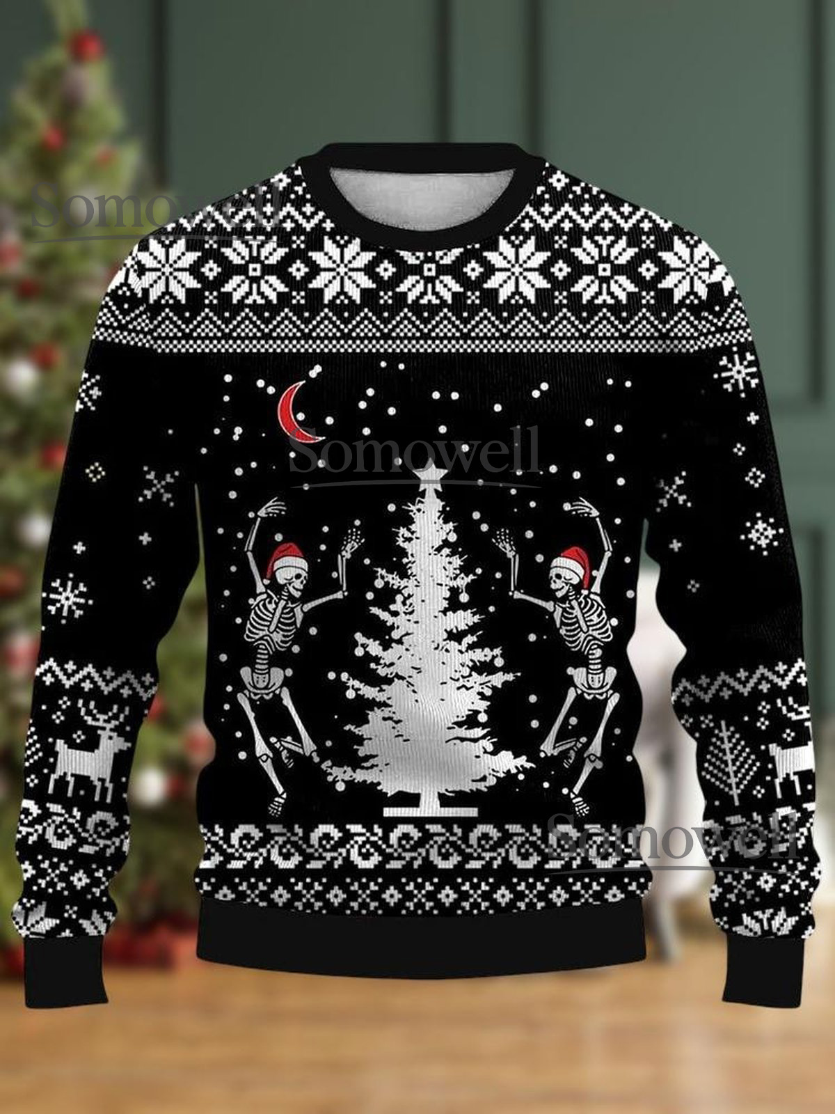 Dancing Skeleton Christmas Tree Black Funny Ugly Christmas Sweater Holiday Knit