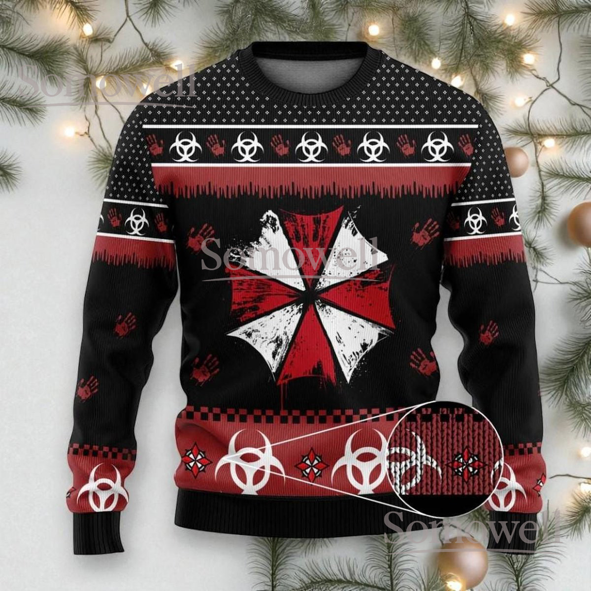 Umbrella Corp Black Red Christmas Ugly Sweater Horror Biohazard Holiday Knit Jumper