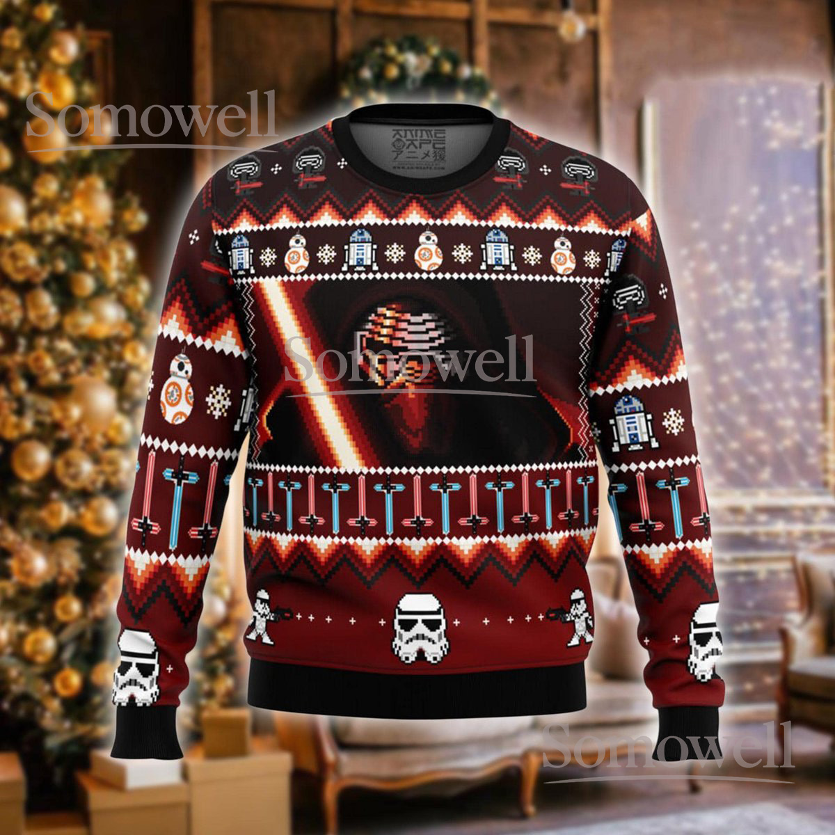 Kylo Ren Christmas Red Ugly Sweater Pixel Warrior Sci-Fi Holiday Knit Jumper