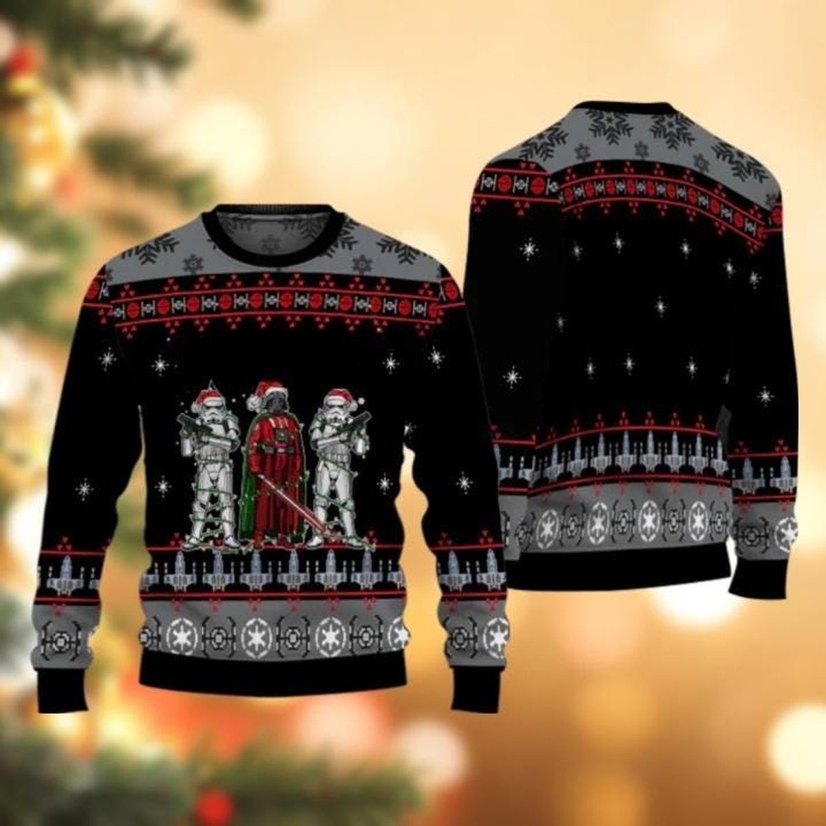 Darth Vader And Stormtrooper Christmas Lights Black Ugly Christmas Sweater Gift
