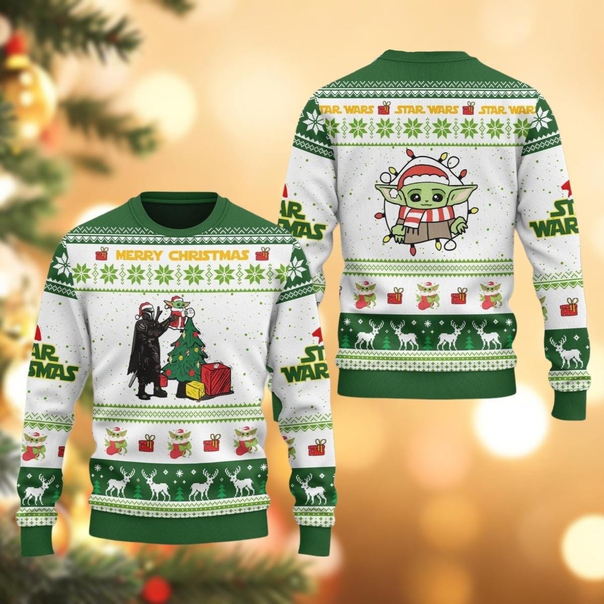 Baby Yoda And Darth Vader Green Ugly Christmas Sweater Funny Star Holiday Knit
