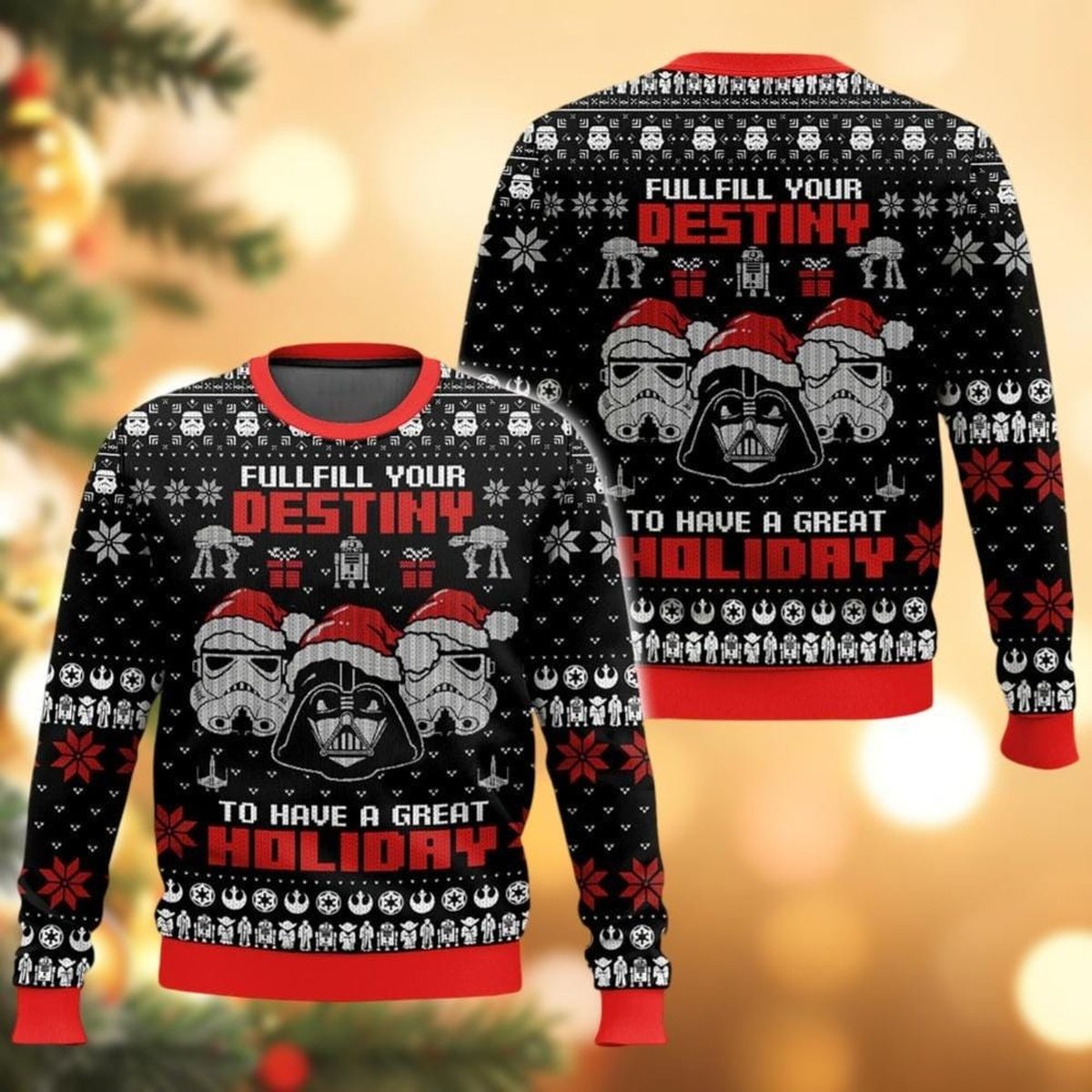 Darth Vader Stormtrooper Christmas Ugly Sweater, Black Red Festive Holiday Knit Jumper