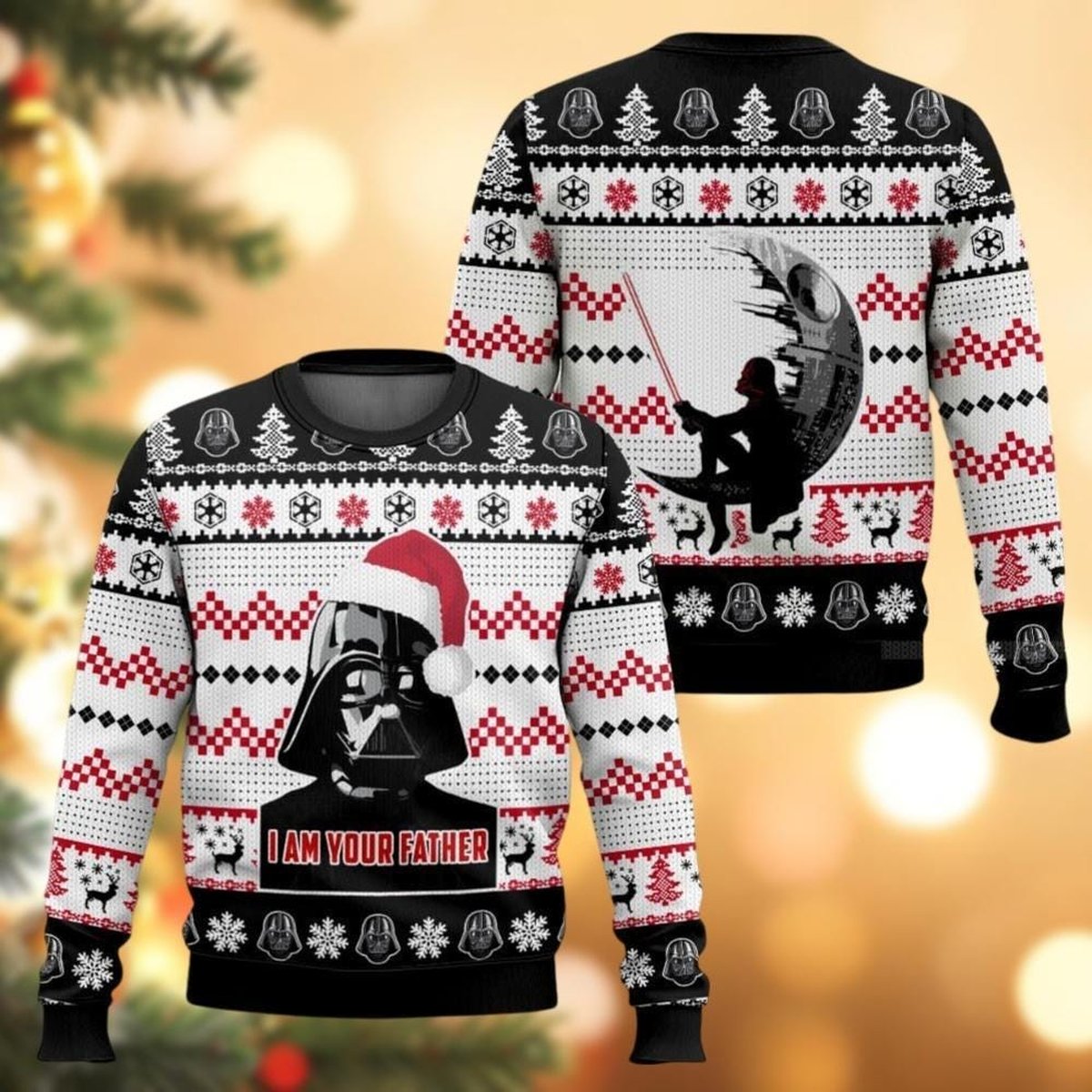 Darth Vader I Am Your Father Ugly Christmas Sweater, Red White Holiday Knit Jumper
