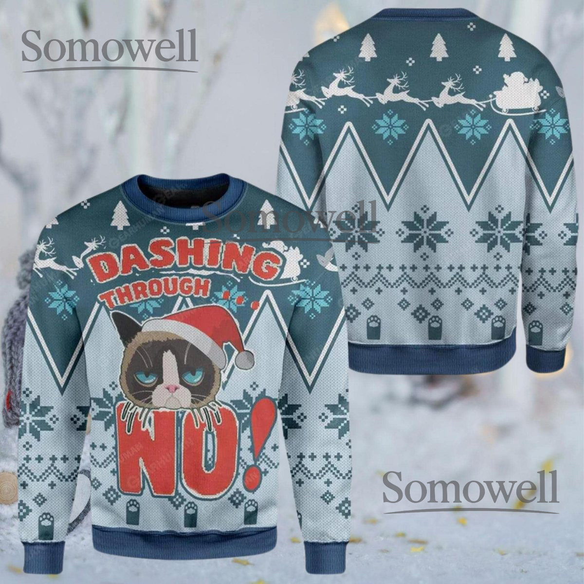 Grumpy Cat Dashing Through No Blue Ugly Christmas Sweater Funny Holiday Knit Gift
