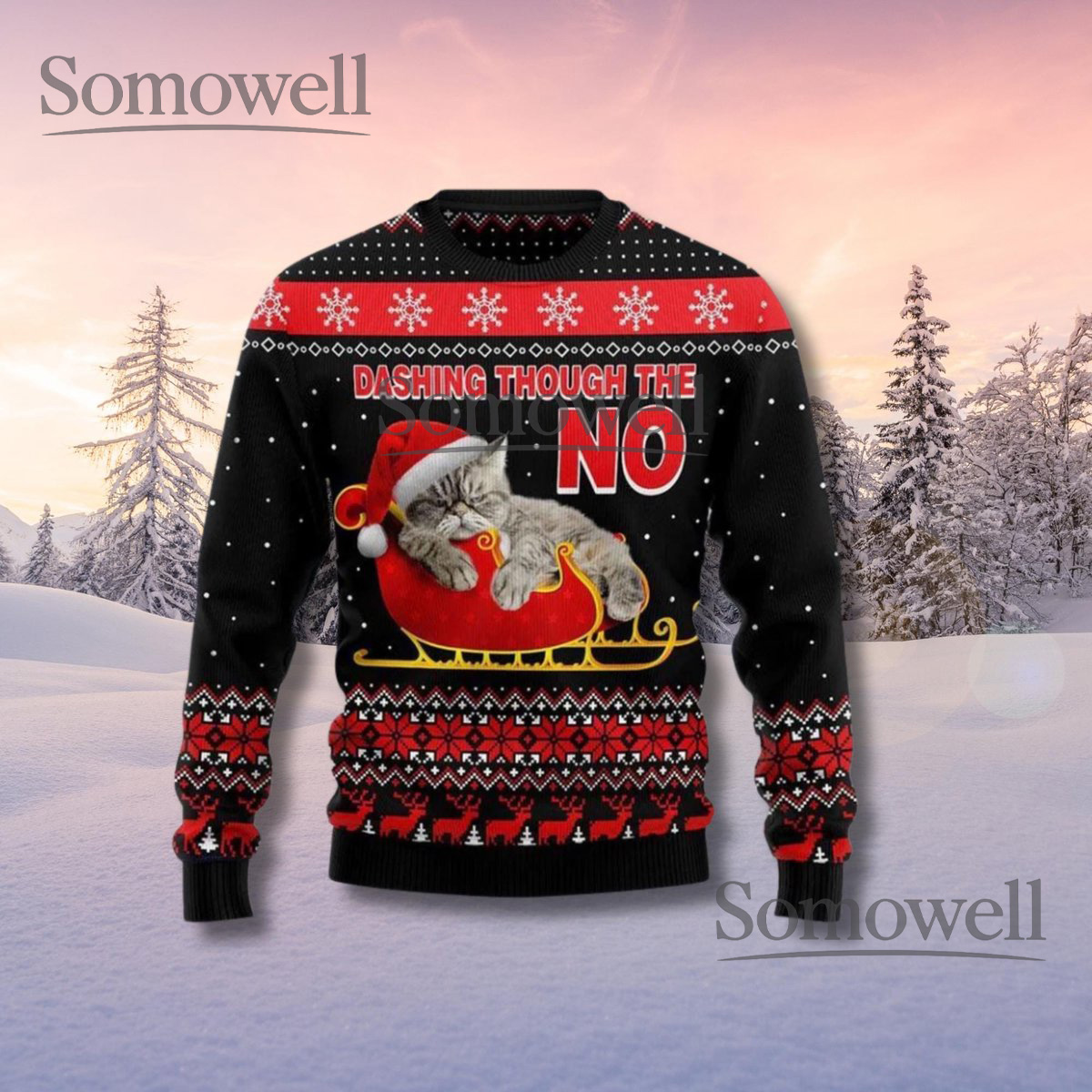 Dashing Through The No Cat Ugly Christmas Sweater Funny Kitten Holiday Pullover