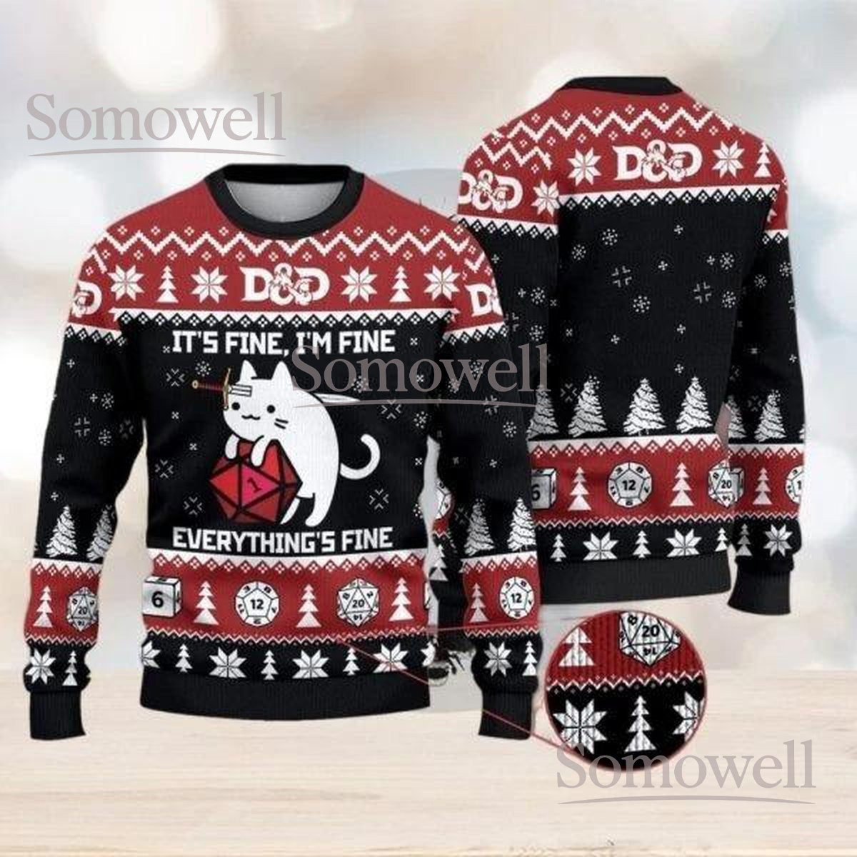 DD Cat Christmas Ugly Sweater Red Black Funny DnD Cat Holiday Knit Jumper Dice Design