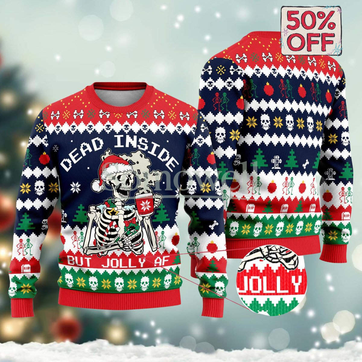 Dead Inside But Jolly AF Red Ugly Christmas Sweater Funny Skeleton Coffee Holiday Knit Jumper