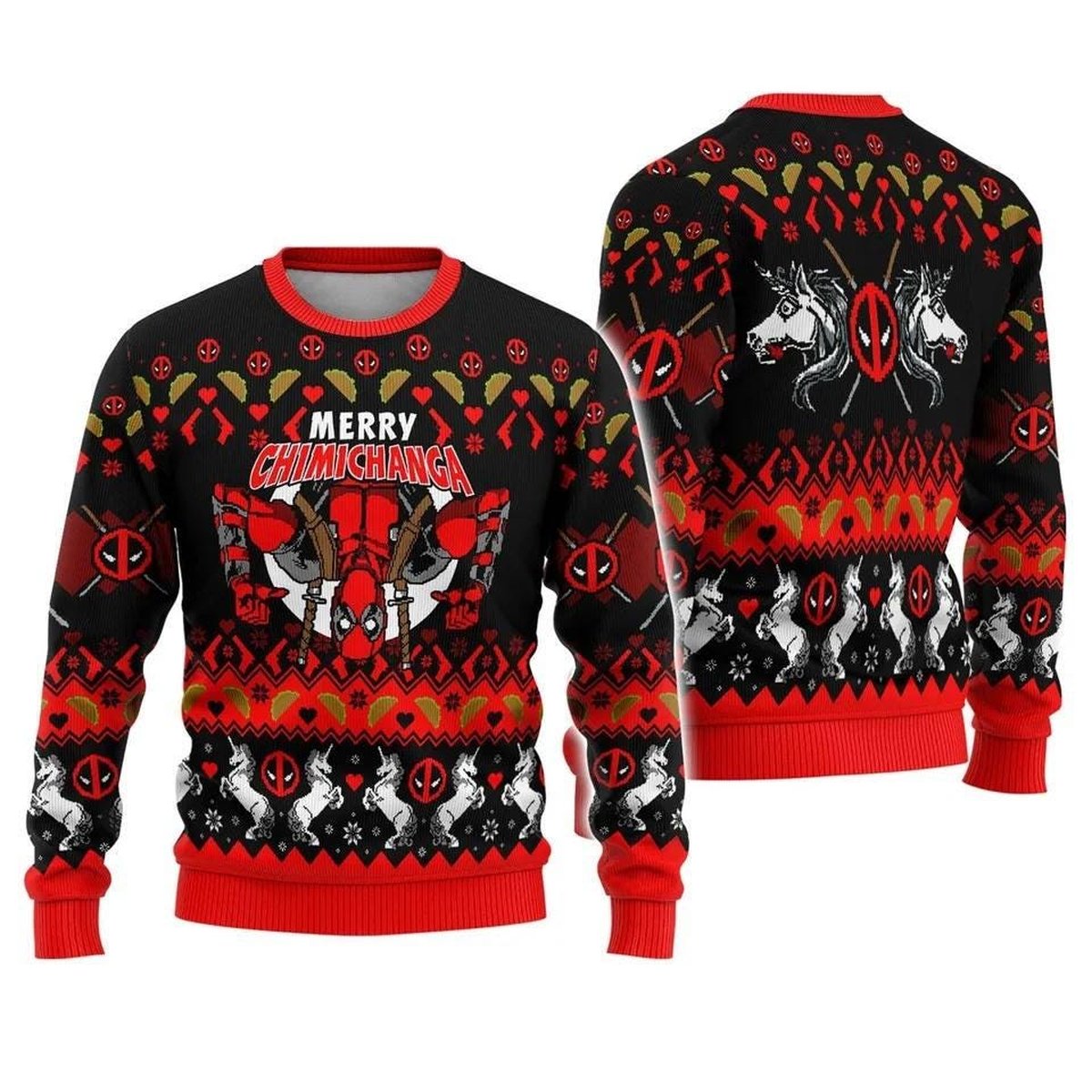 Deadpool Merry Chimichanga Funny Marvel Ugly Christmas Sweater Black Red Jumper