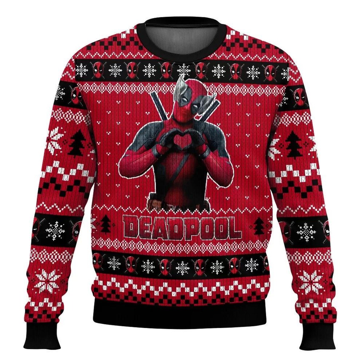 Deadpool Heart Hands Red Christmas Ugly Sweater Funny Marvel Holiday Knit Jumper