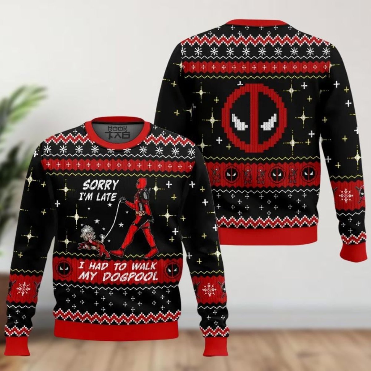 Deadpool Sorry Im Late I Had To Walk My Dogpool Ugly Christmas Sweater Funny Red Jumper