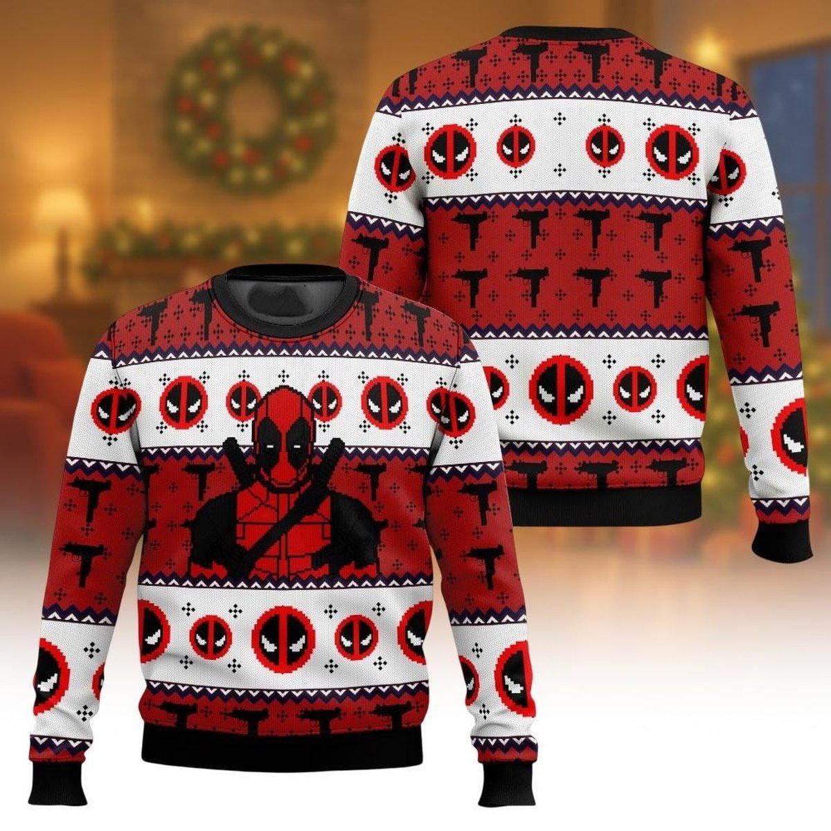 Deadpool Pattern Red White Ugly Christmas Sweater Funny Marvel Holiday Knit Jumper