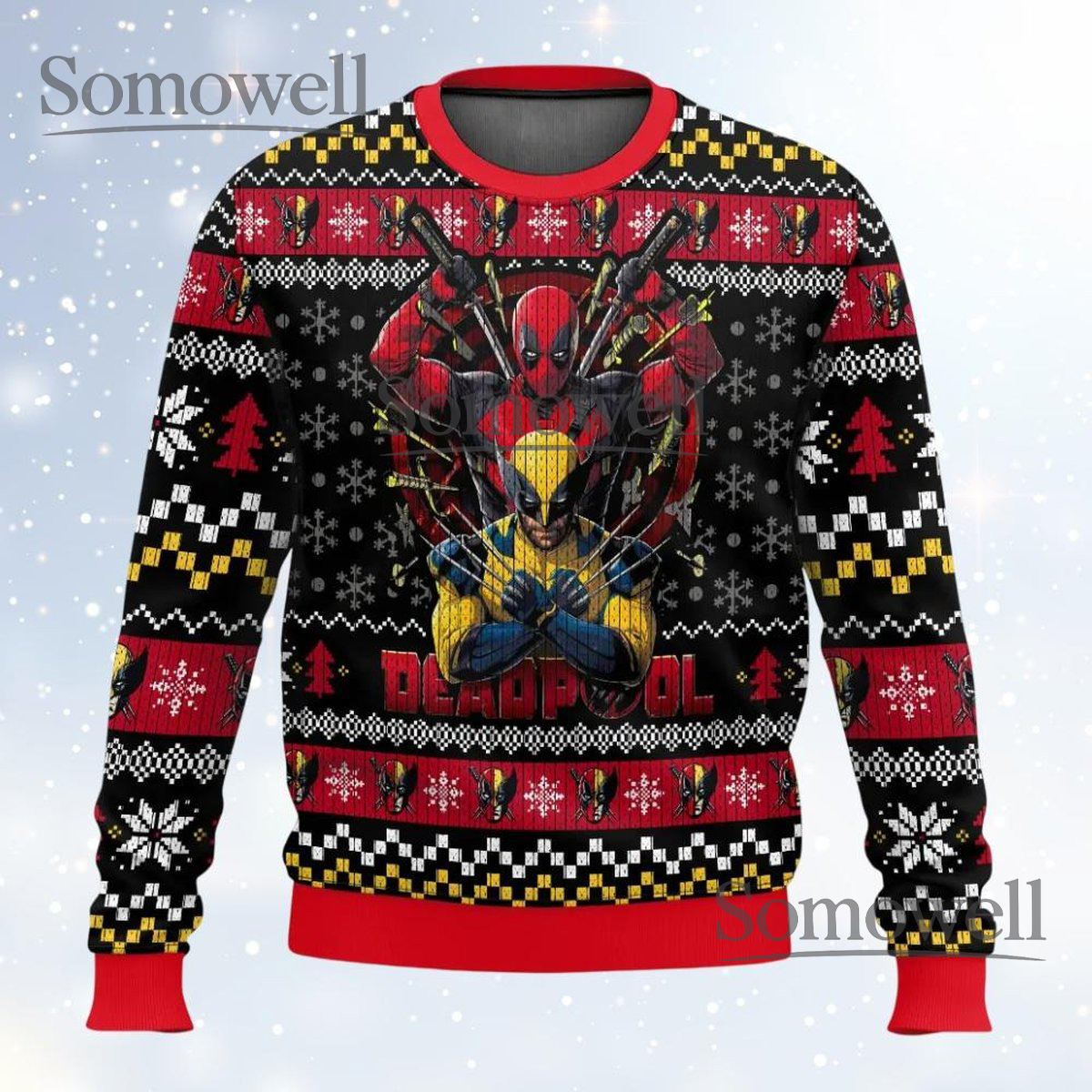 Deadpool Wolverine Red Ugly Christmas Sweater Funny Superhero Holiday Knit Jumper