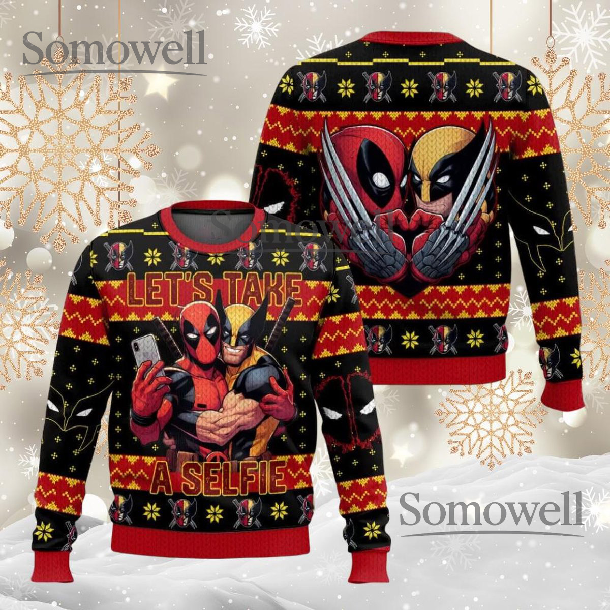 Deadpool Wolverine Let’s Take a Selfie Red Ugly Christmas Sweater Funny Hero Knit Jumper