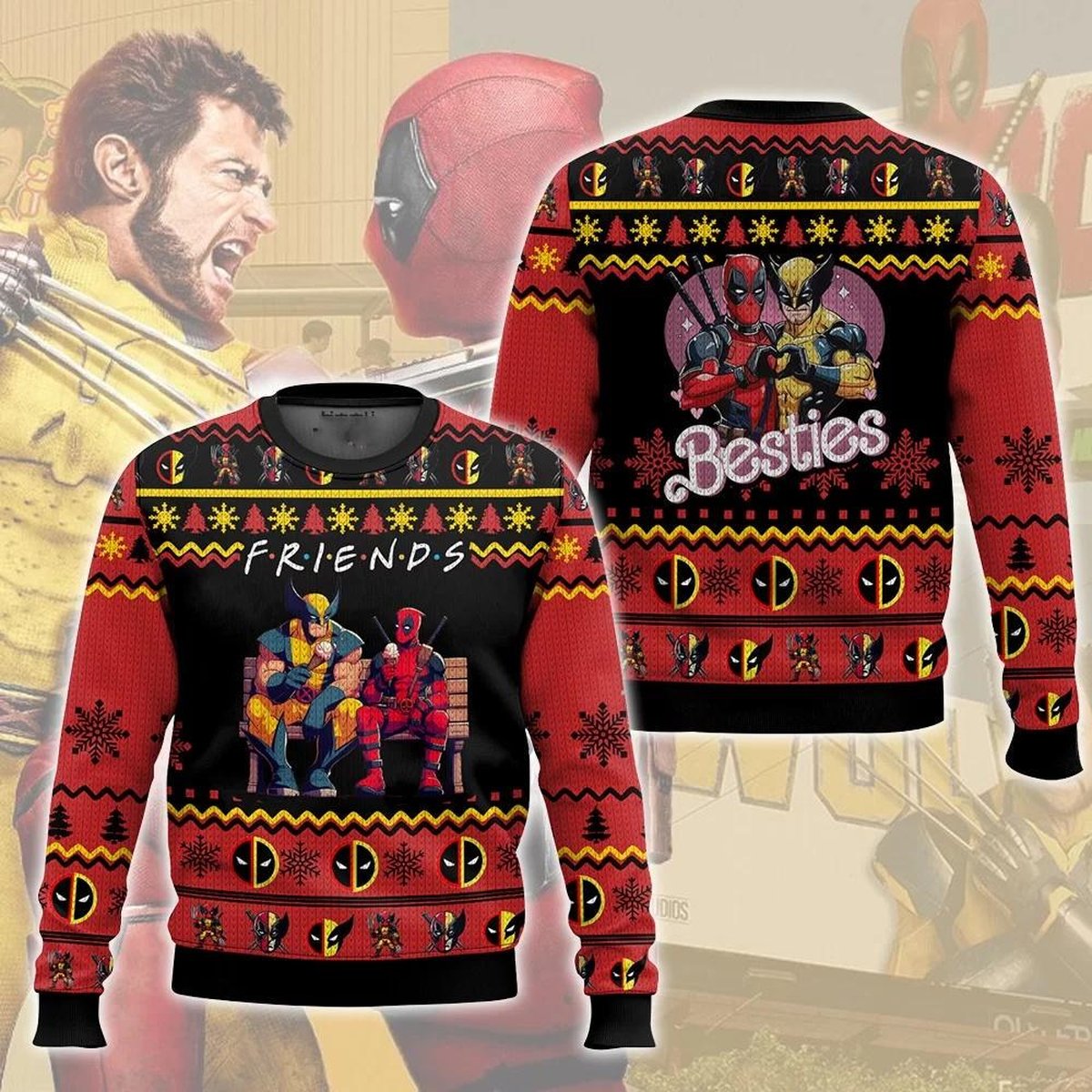 Deadpool Wolverine Friends Christmas Red Ugly Sweater Funny Marvel Holiday Knit Jumper