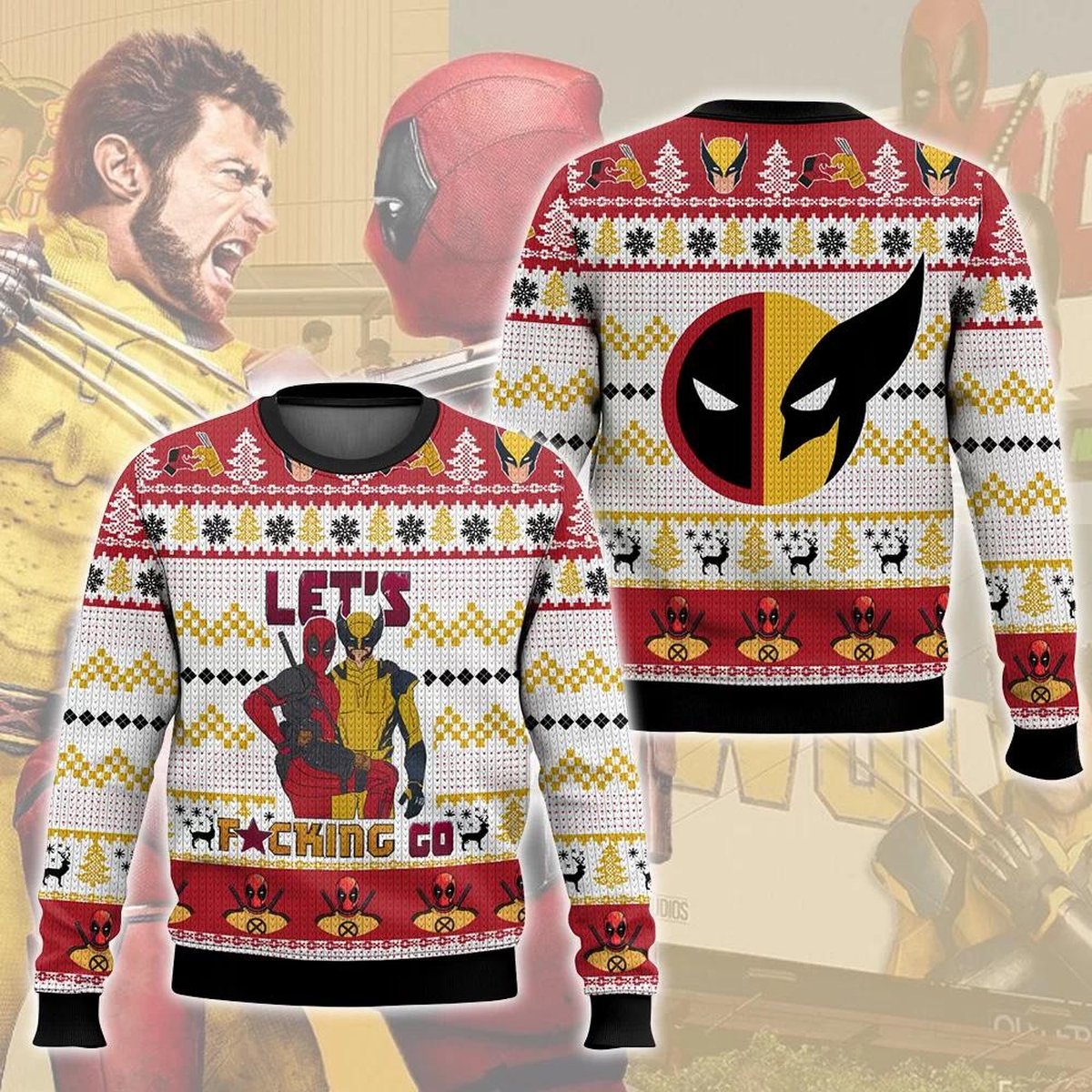 Deadpool Wolverine White Christmas Ugly Sweater Funny Marvel Duo Holiday Knit Jumper