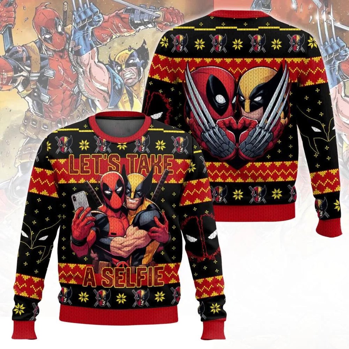 Deadpool Wolverine Selfie Black Christmas Ugly Sweater Funny Marvel Holiday Knit Jumper
