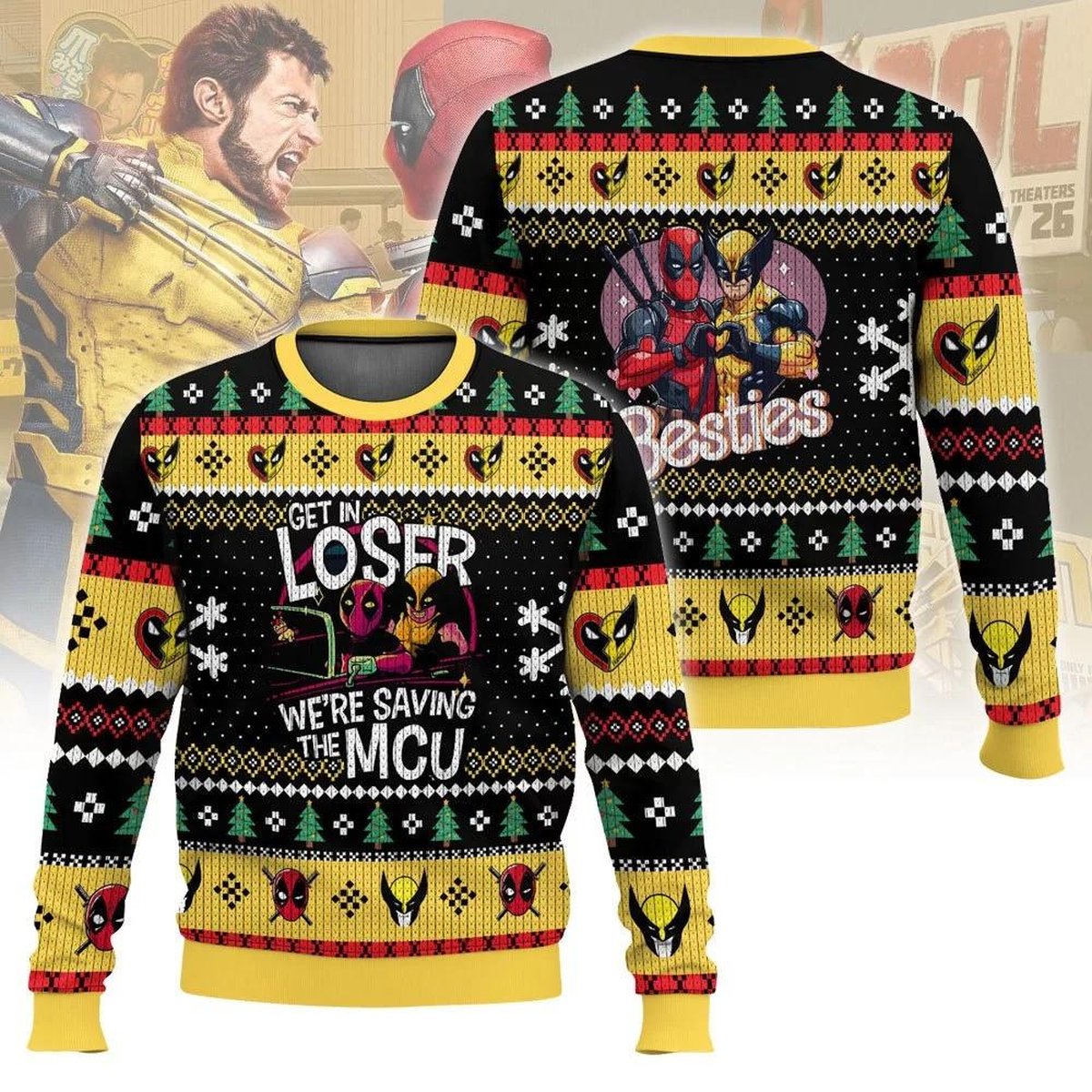 Deadpool Wolverine Yellow Christmas Ugly Sweater Get In Loser MCU Funny Holiday Knit Jumper