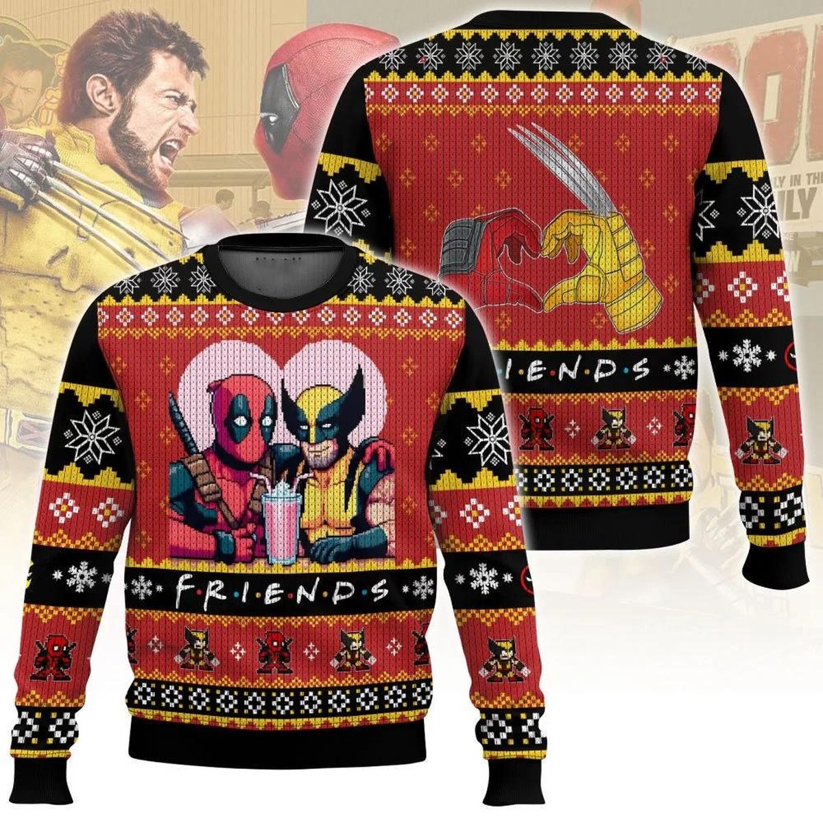 Deadpool Wolverine Friends Red Christmas Ugly Sweater Funny Marvel Holiday Knit Jumper
