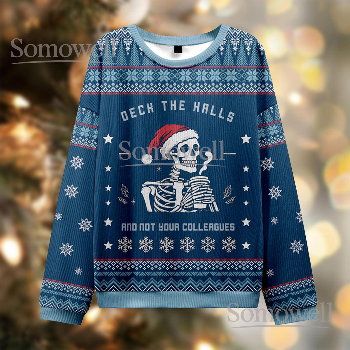 Deck The Halls Skeleton Blue Christmas Ugly Sweater Holiday Knit Jumper Funny Skeleton Design