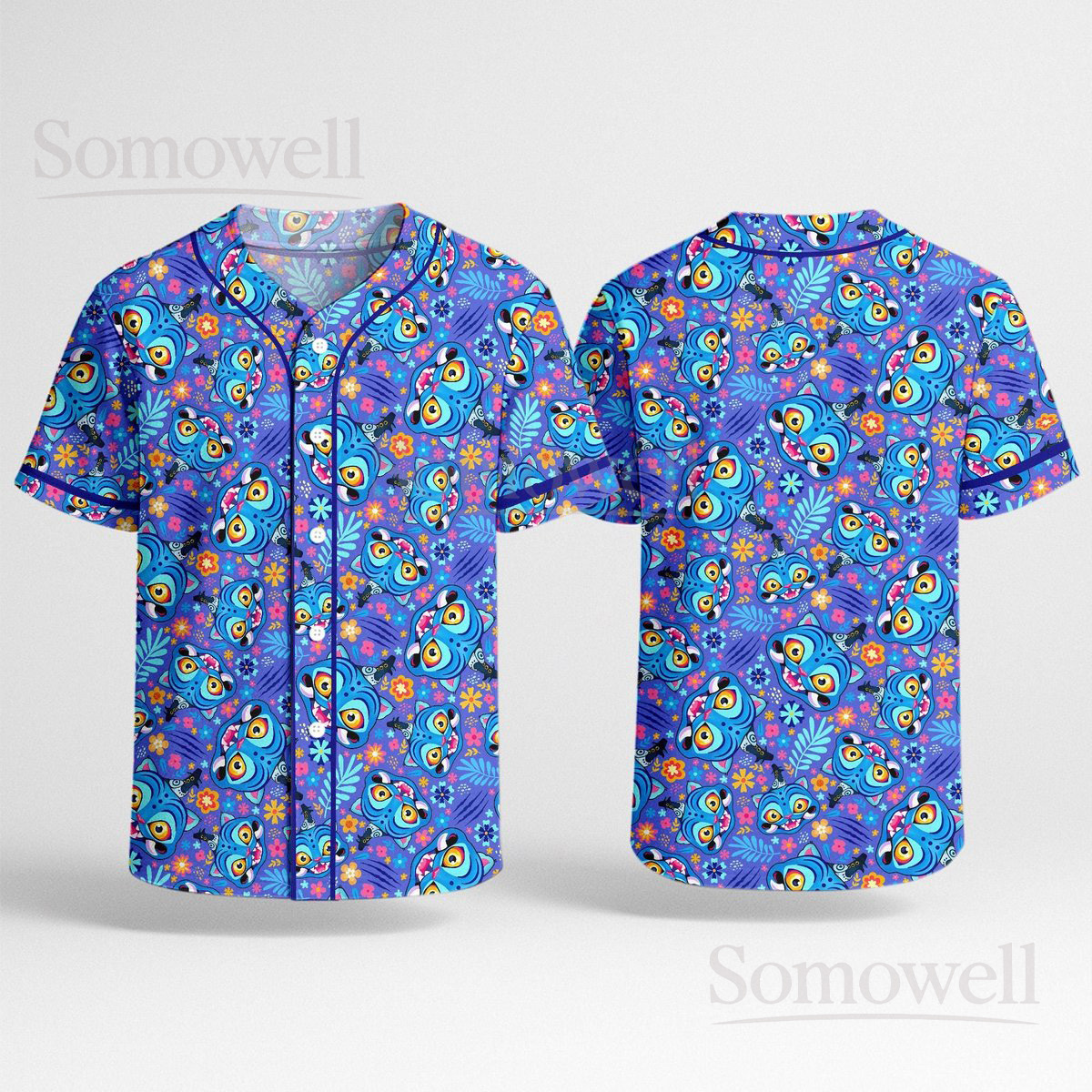 Custom Derpy Tiger Baseball Jersey Shirt for Cartoon Lovers Funny Blue and Orange Pattern Baseball Shirt