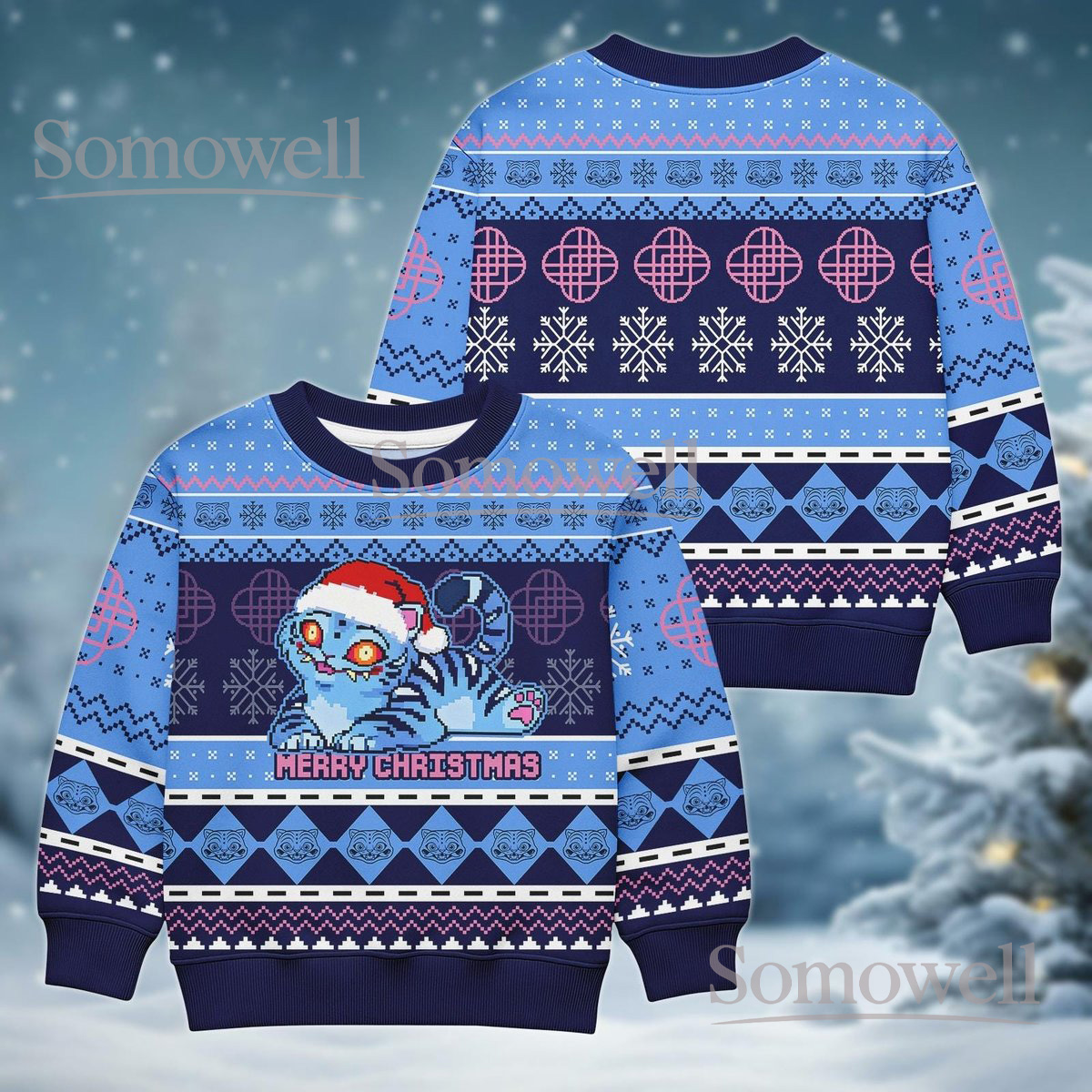 Derpy Tiger Christmas Sweater Funny Blue Cat Ugly Holiday Jumper Gift