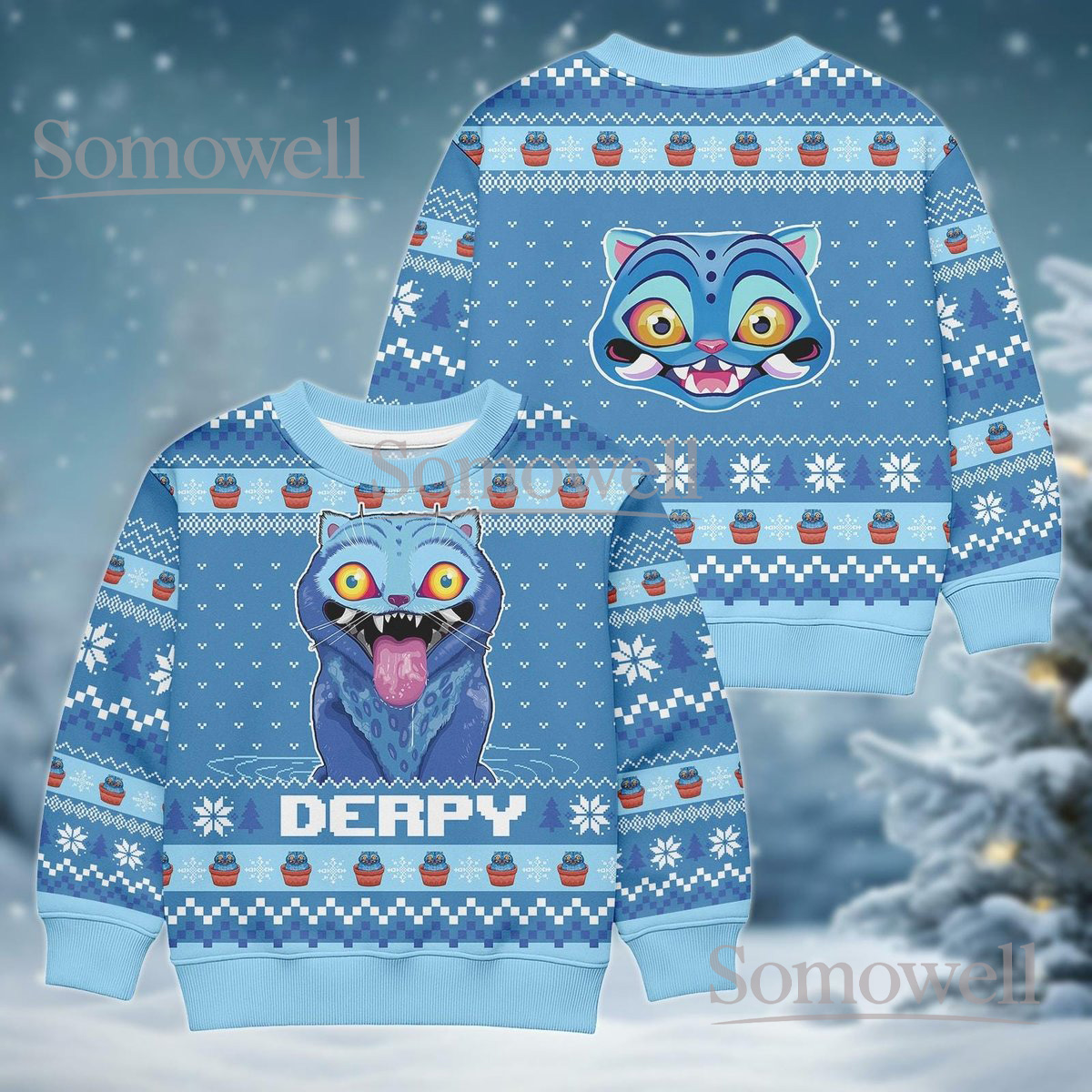 Derpy Tiger Christmas Sweater Blue Snowflake Design Funny Cute Holiday Gift