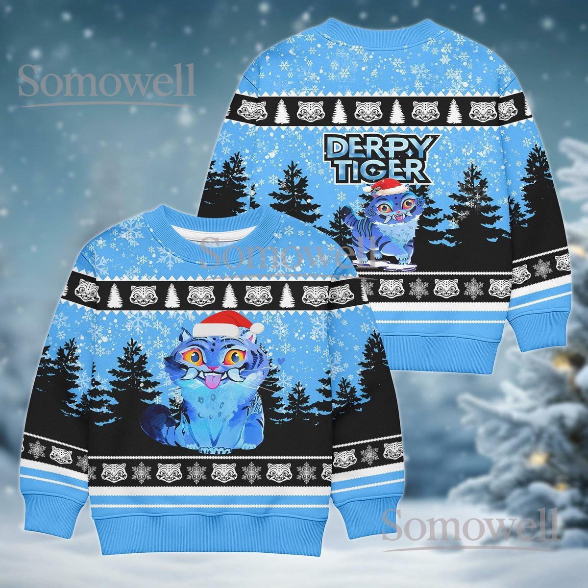 Derpy Tiger Christmas Sweater Snow Forest Blue Ugly Holiday Jumper