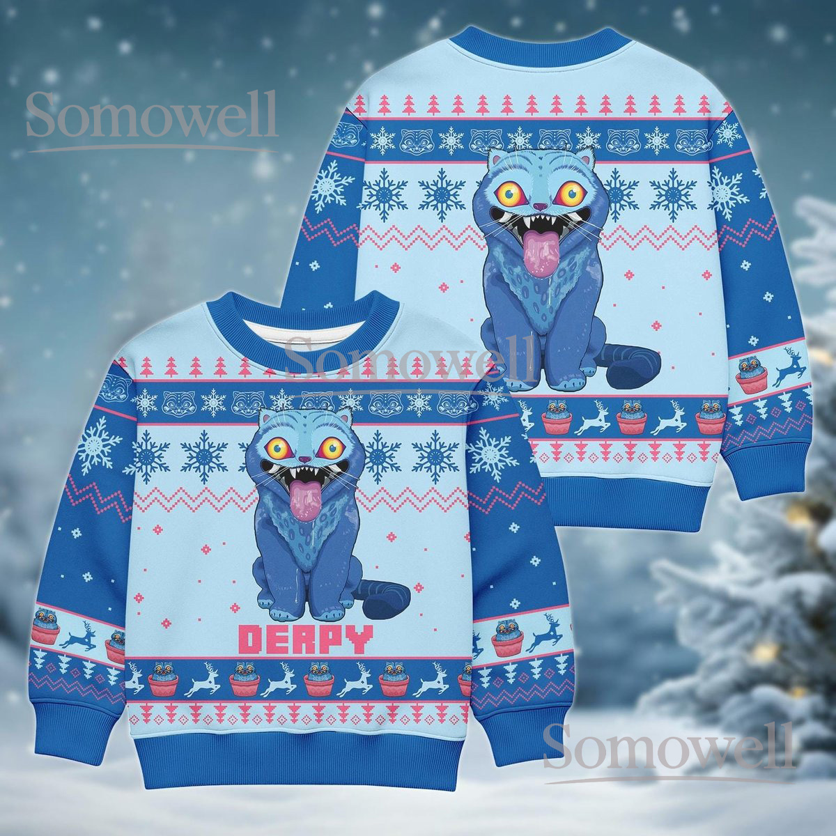 Derpy Tiger Christmas Sweater Light Blue Funny Cat Ugly Holiday Jumper