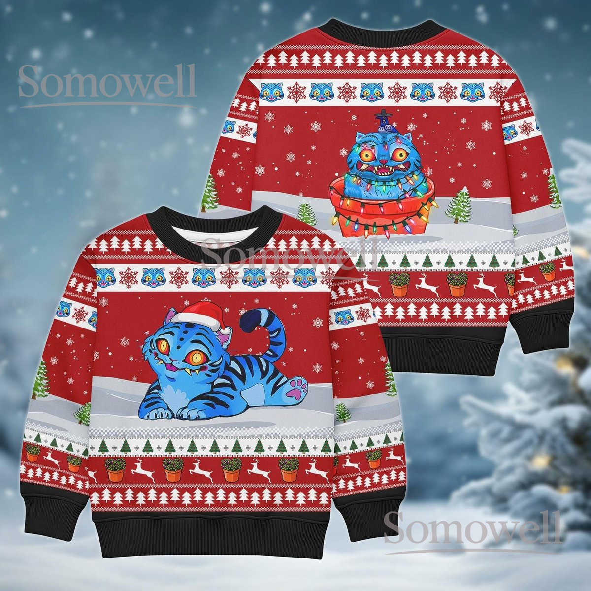 Derpy Tiger Christmas Sweater Red Festive Cute Blue Cat Funny Holiday Gift