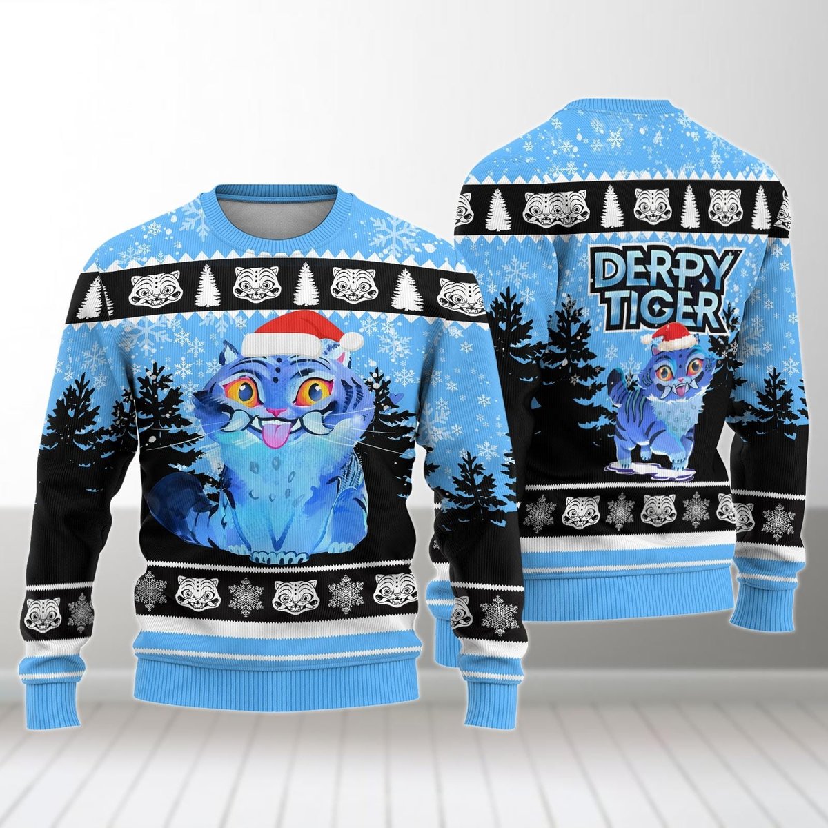 Derpy Tiger With Santa Hat Ugly Sweater Funny Cat Lovers Christmas Gift