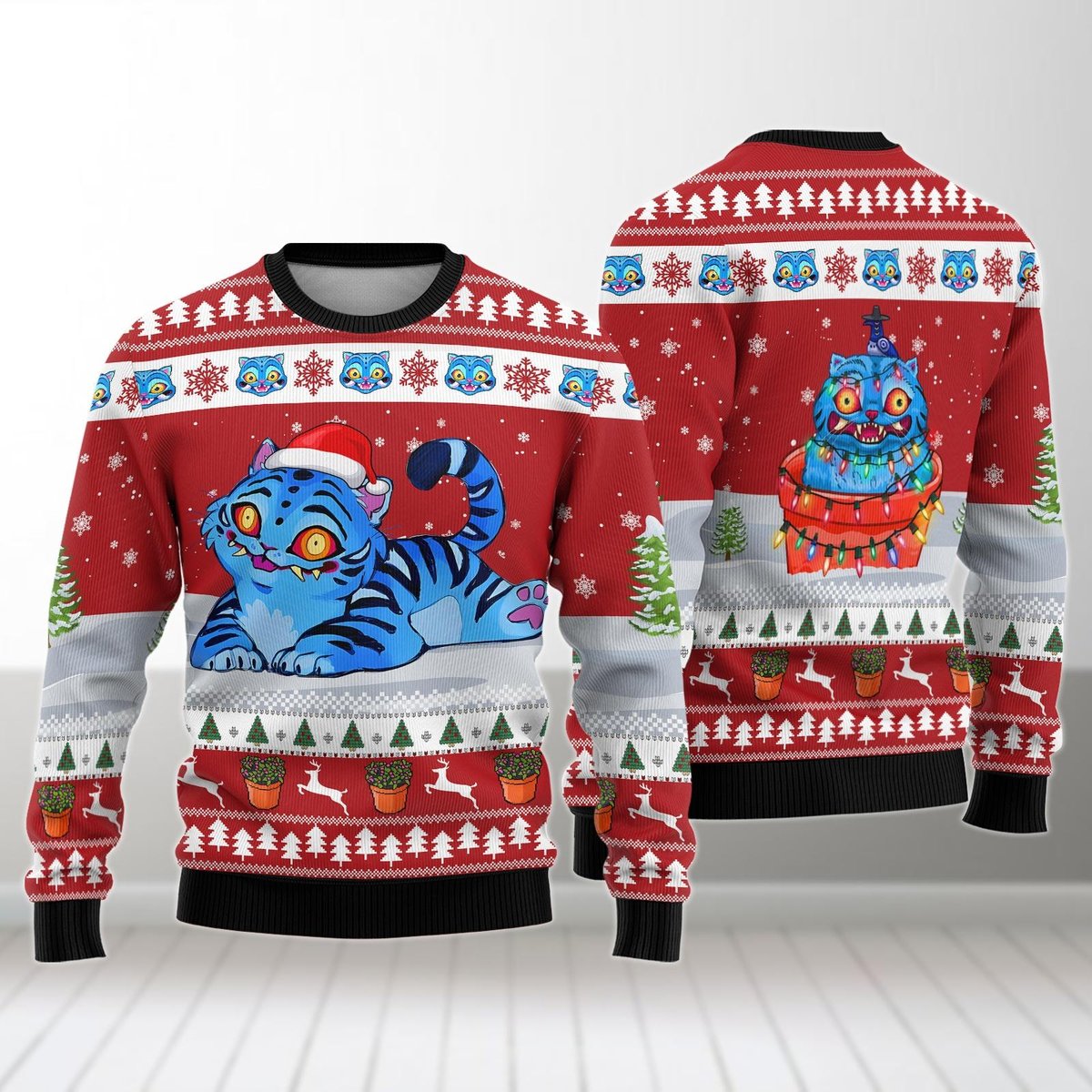 Derpy Tiger Pattern Ugly Sweater Funny Blue Cat Lovers Christmas Holiday Gift