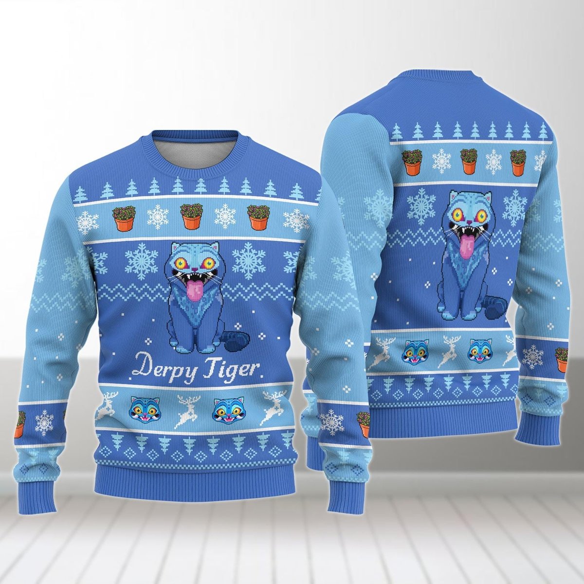 Derpy Tiger Ugly Sweater Funny Blue Cat Lovers Christmas Holiday Gift