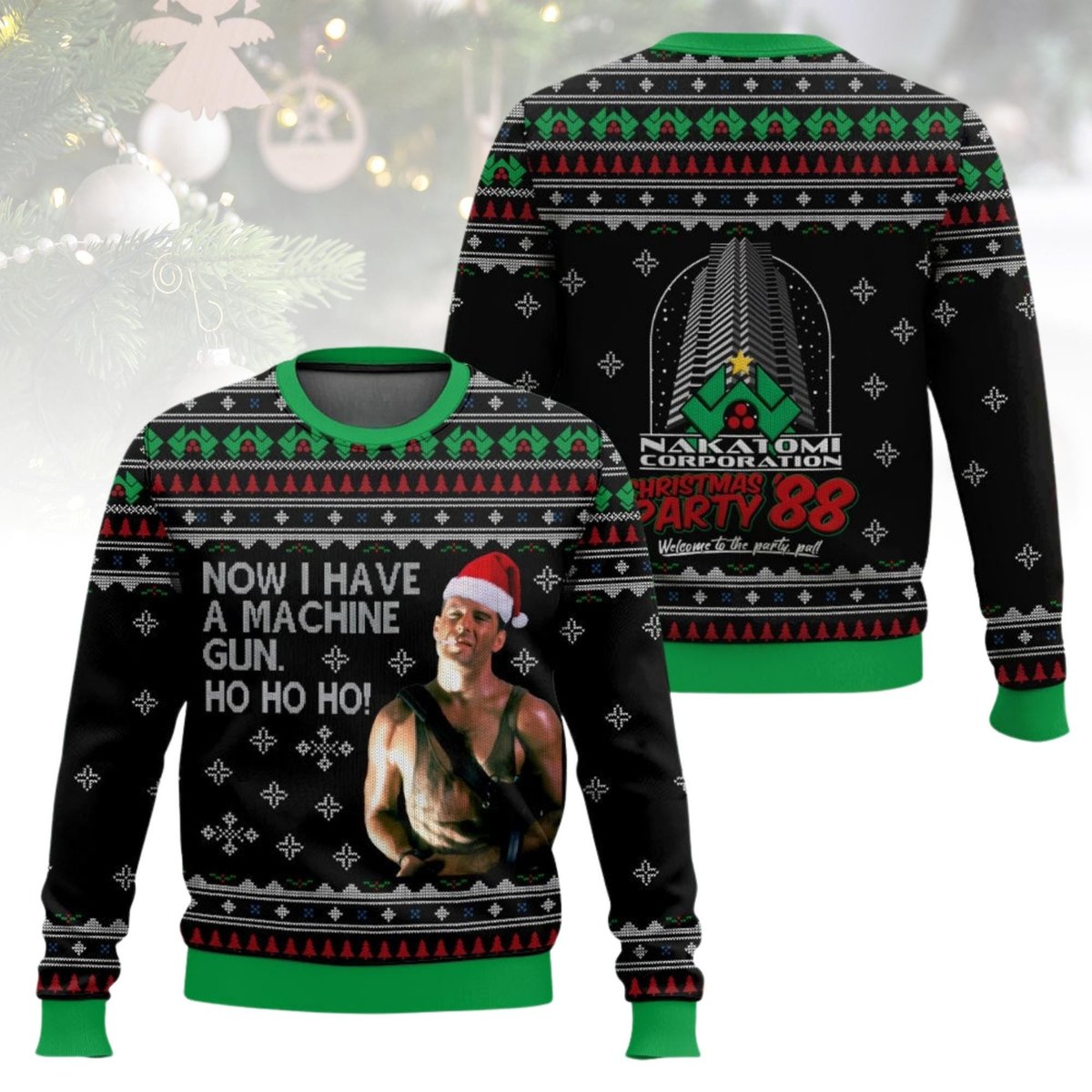 Die Hard Machine Gun Black Christmas Ugly Sweater Bruce Willis Movie Holiday Knit Jumper