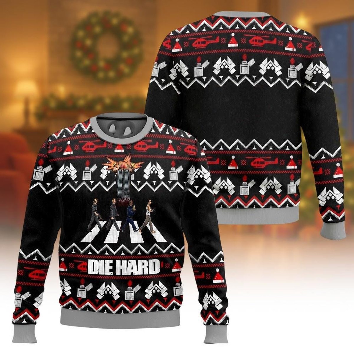 Die Hard Movie Christmas Ugly Sweater Nakatomi Plaza Explosion Funny Holiday Jumper